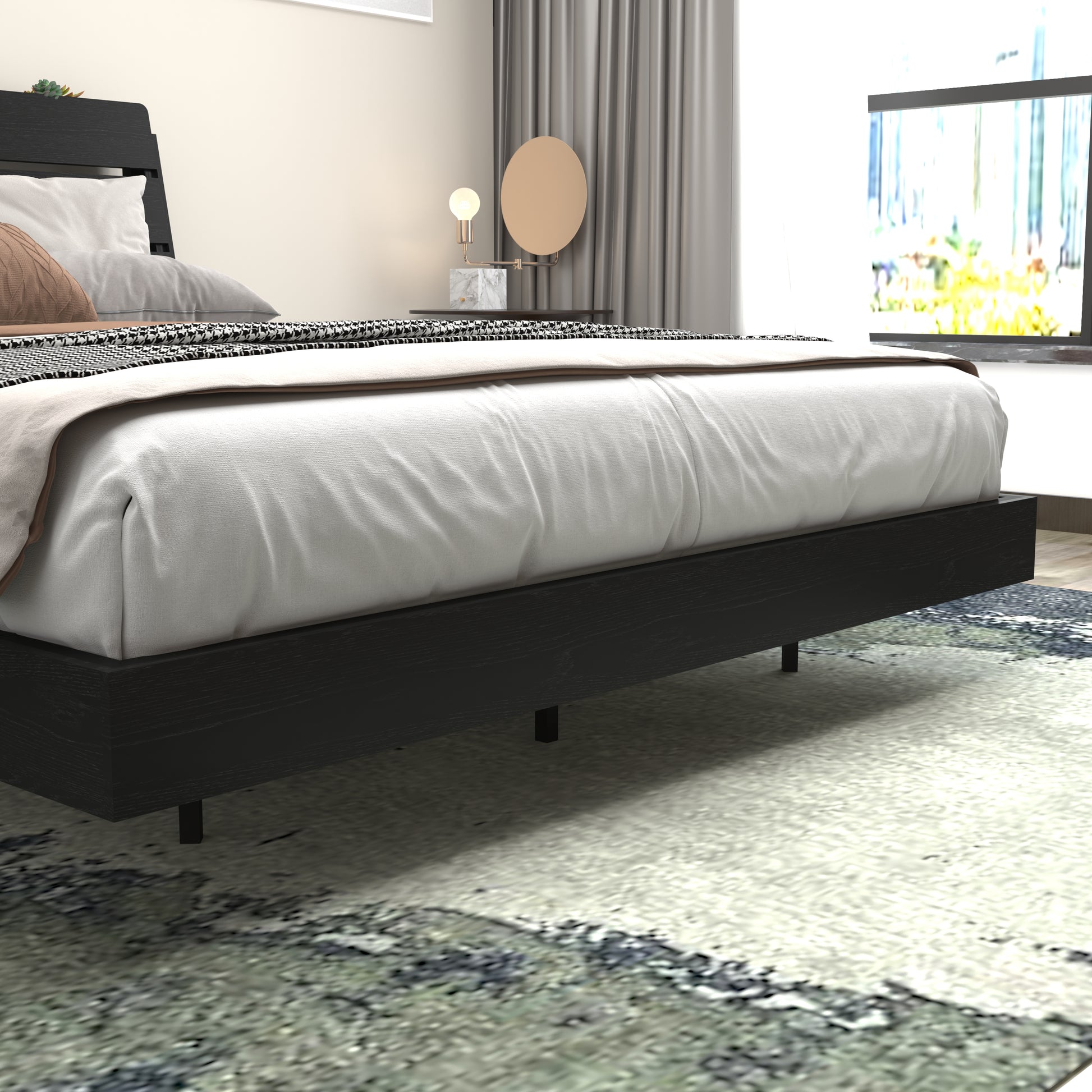 Floating Queen Bed Frame with LED Lights & Charging for Bedroom