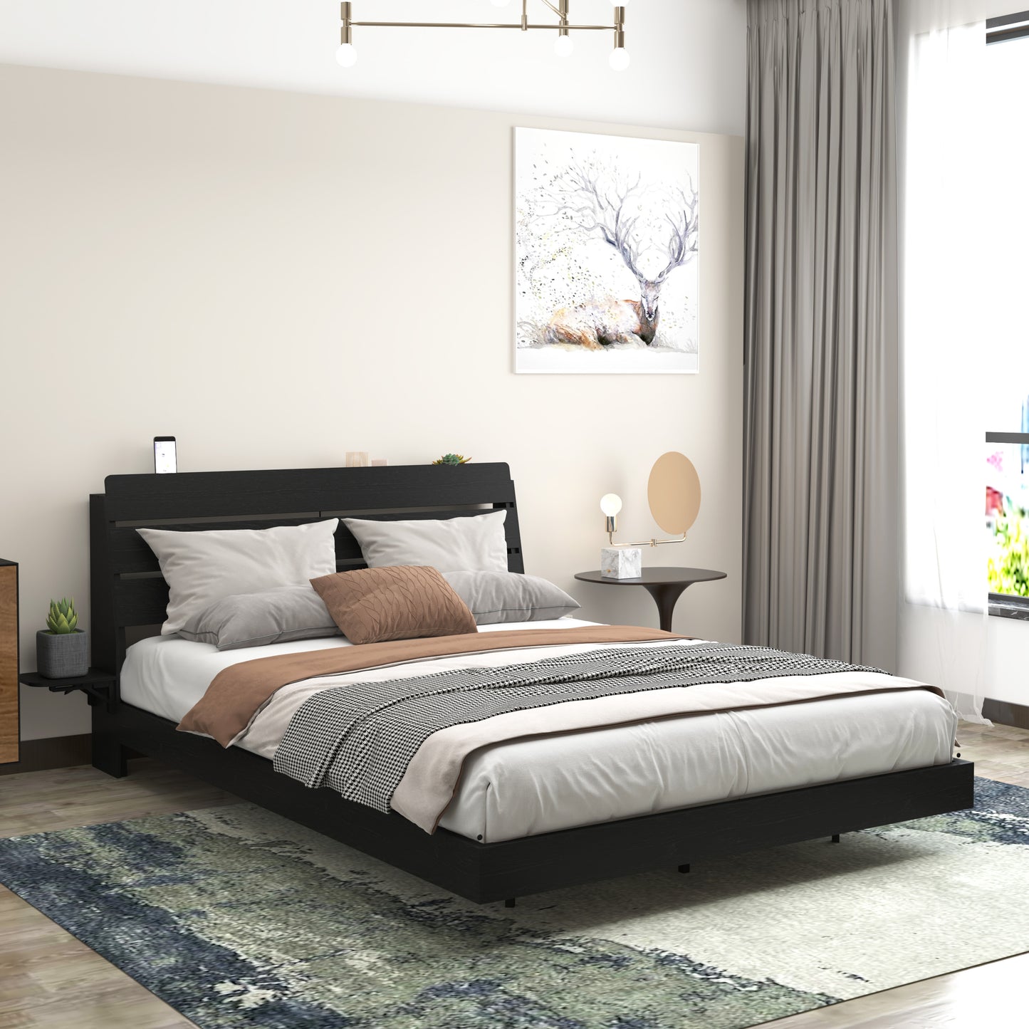 Floating Bed Frame Queen with Led Lights and Charging Station, Wood Queen Size Bed Frame with Storage Headboard, No Box Spring Needed, Easy Assembly,Black.