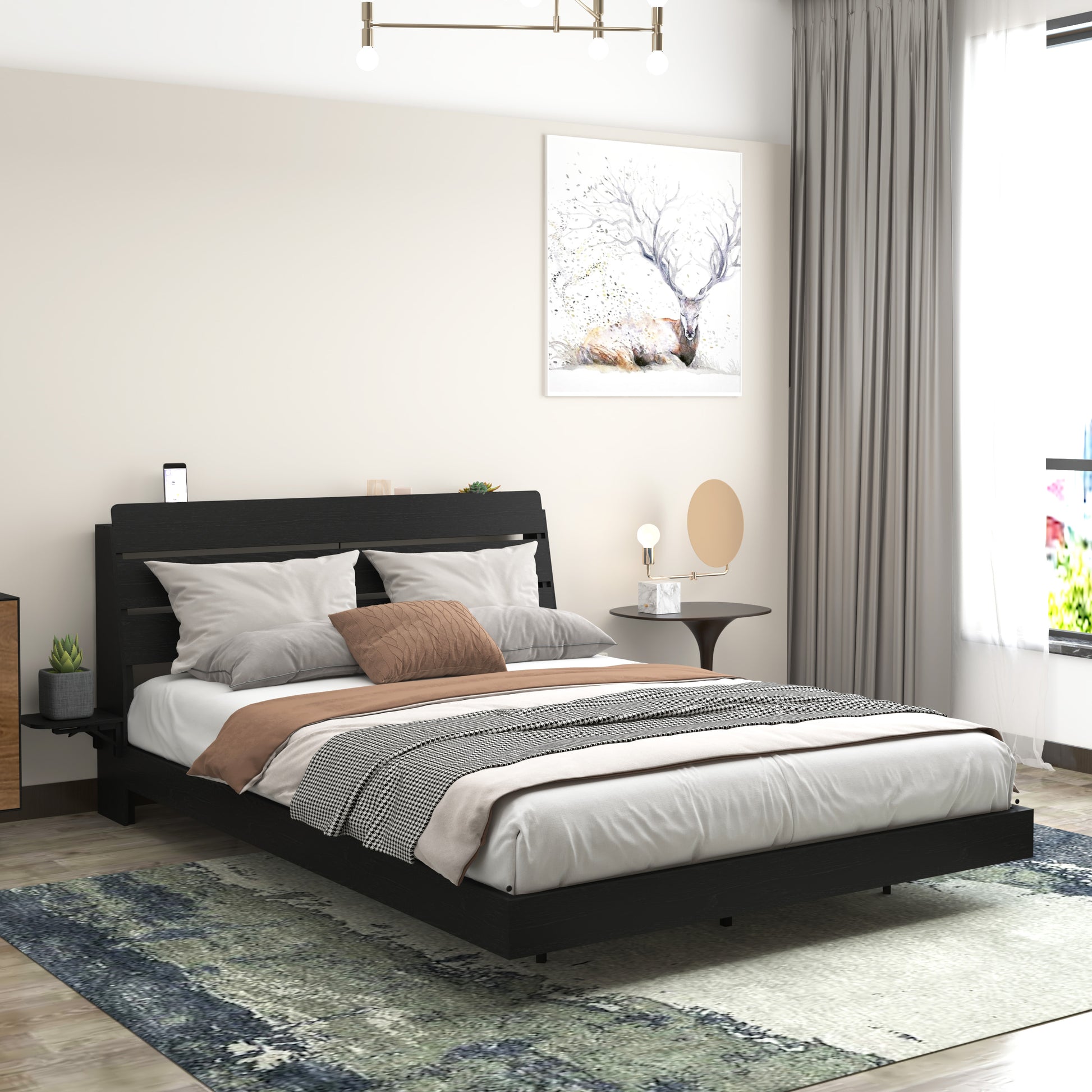 Floating Bed Frame Queen with Led Lights and Charging Station, Wood Queen Size Bed Frame with Storage Headboard, No Box Spring Needed, Easy Assembly,Black.