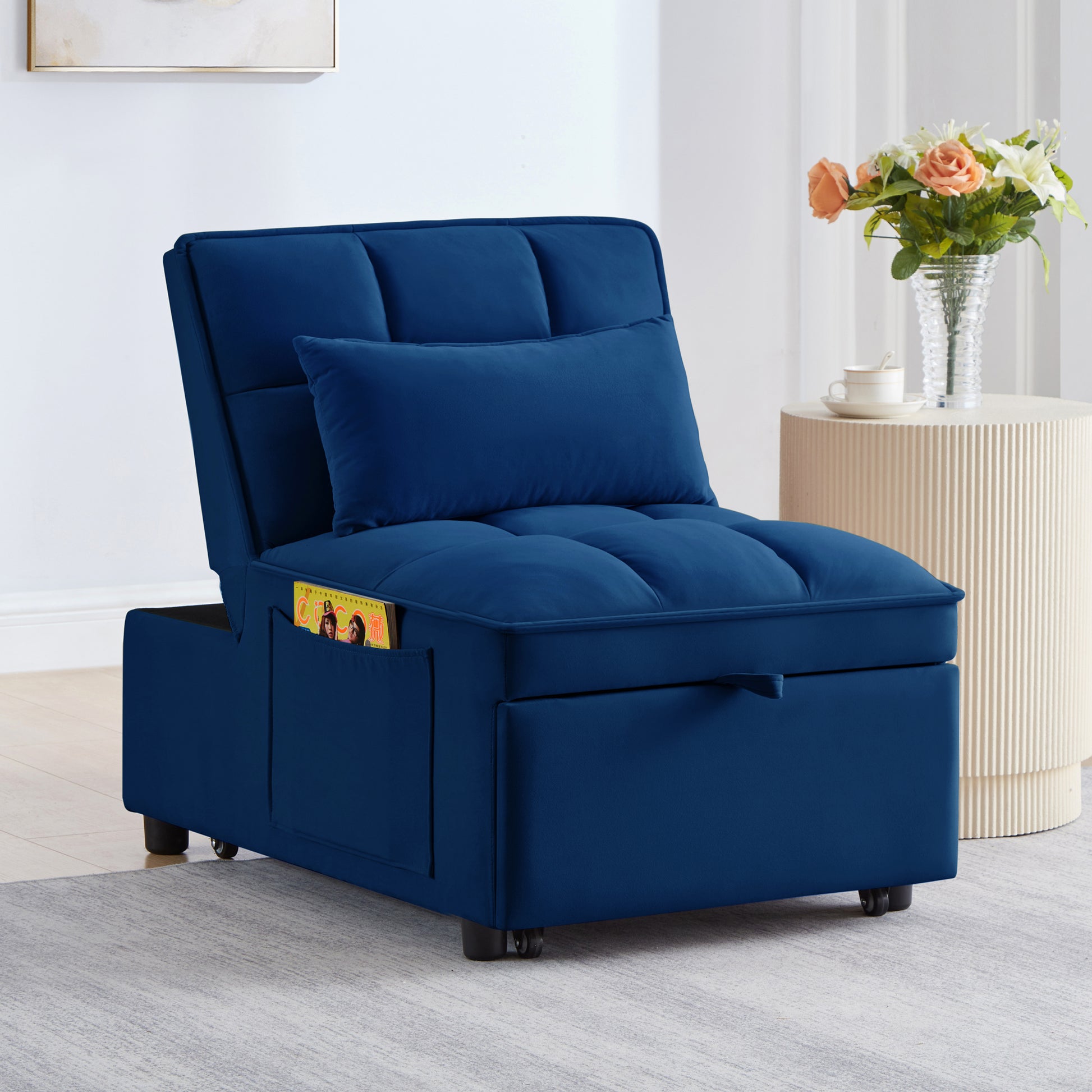 Navy Velvet Sofa Bed - 68.5" Single Pull Out for Living Room