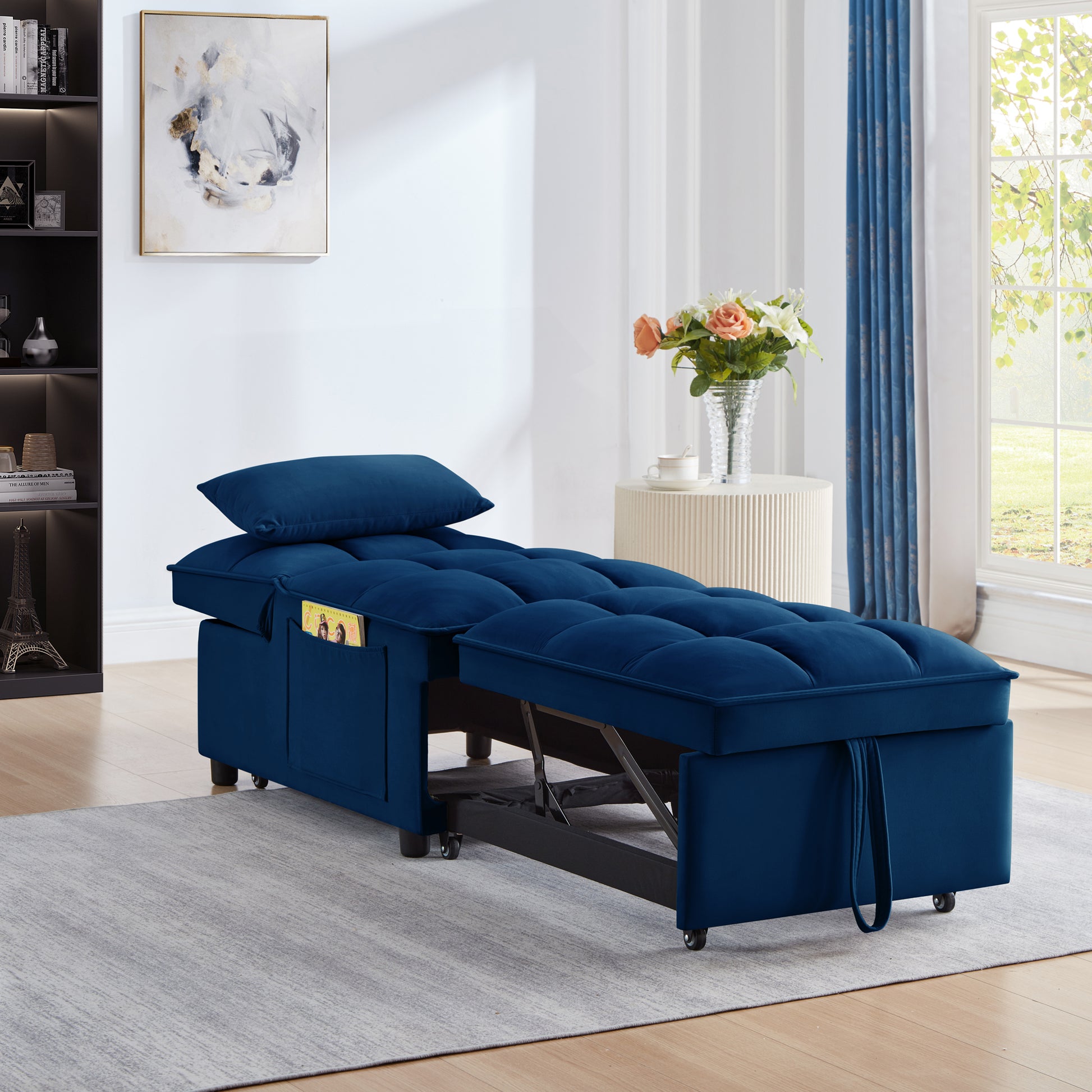 Navy Velvet Sofa Bed - 68.5" Single Pull Out for Living Room