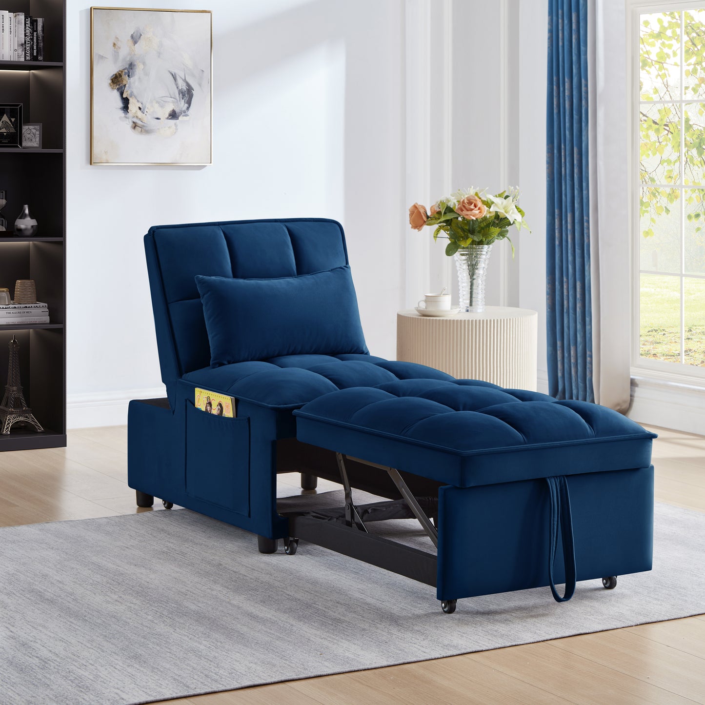 4 in1 Multi-Function Single Sofa Bed with Storage Pockets,Tufted Single Pull-out Sofa Bed with Adjustable Backrest and Pillows ,Convertible  Chaise Lounge, Navy