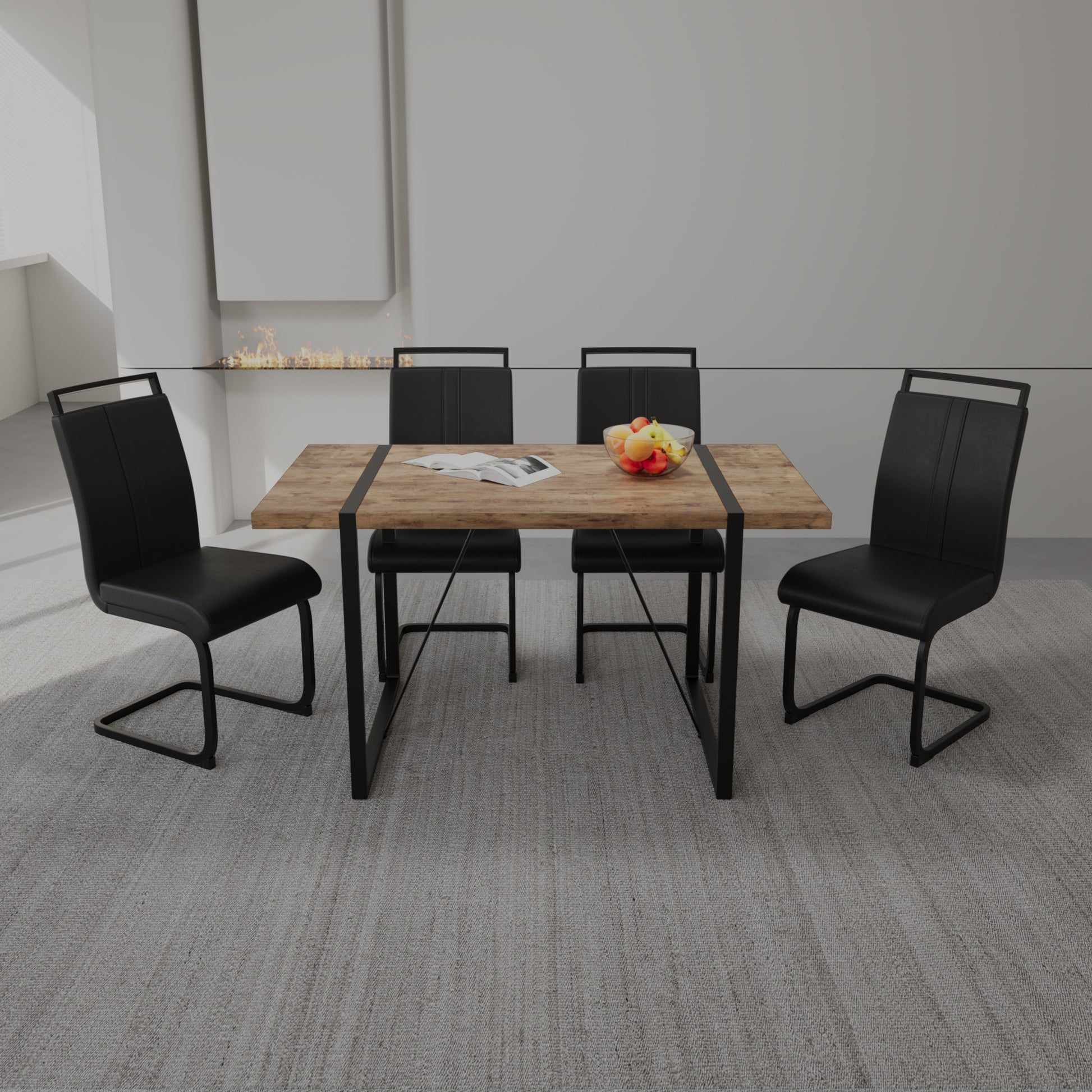 55 " Dining Table Rural Industrial Rectangular MDF Dark Wood Set and PU Armless Dining Chair Set 4, Kitchen Black Metal Table Leg Dining Chair Set