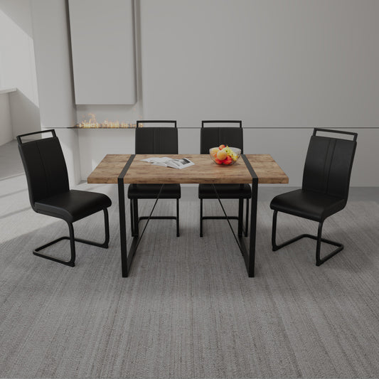 55 " Dining Table Rural Industrial Rectangular MDF Dark Wood Set and PU Armless Dining Chair Set 4, Kitchen Black Metal Table Leg Dining Chair Set