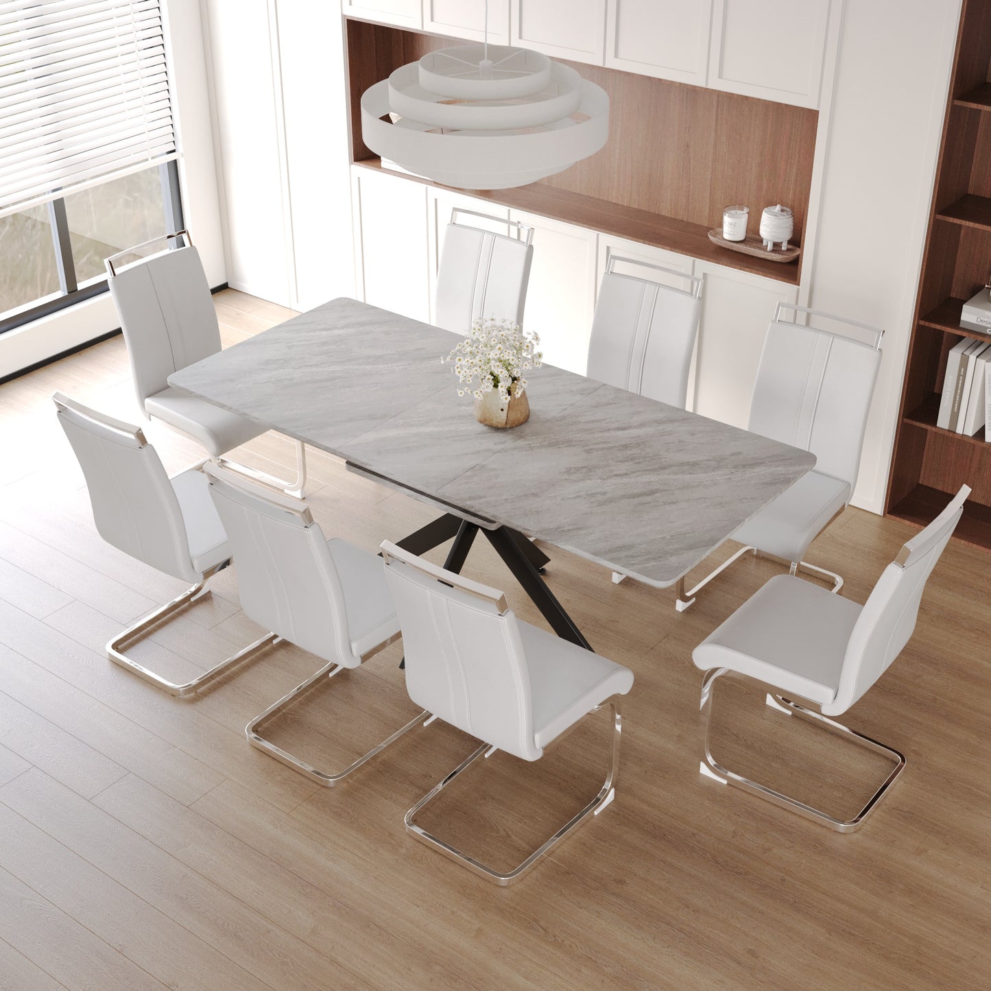 Gray Dining Table Set - 6-8 Person Expandable Table with Chairs