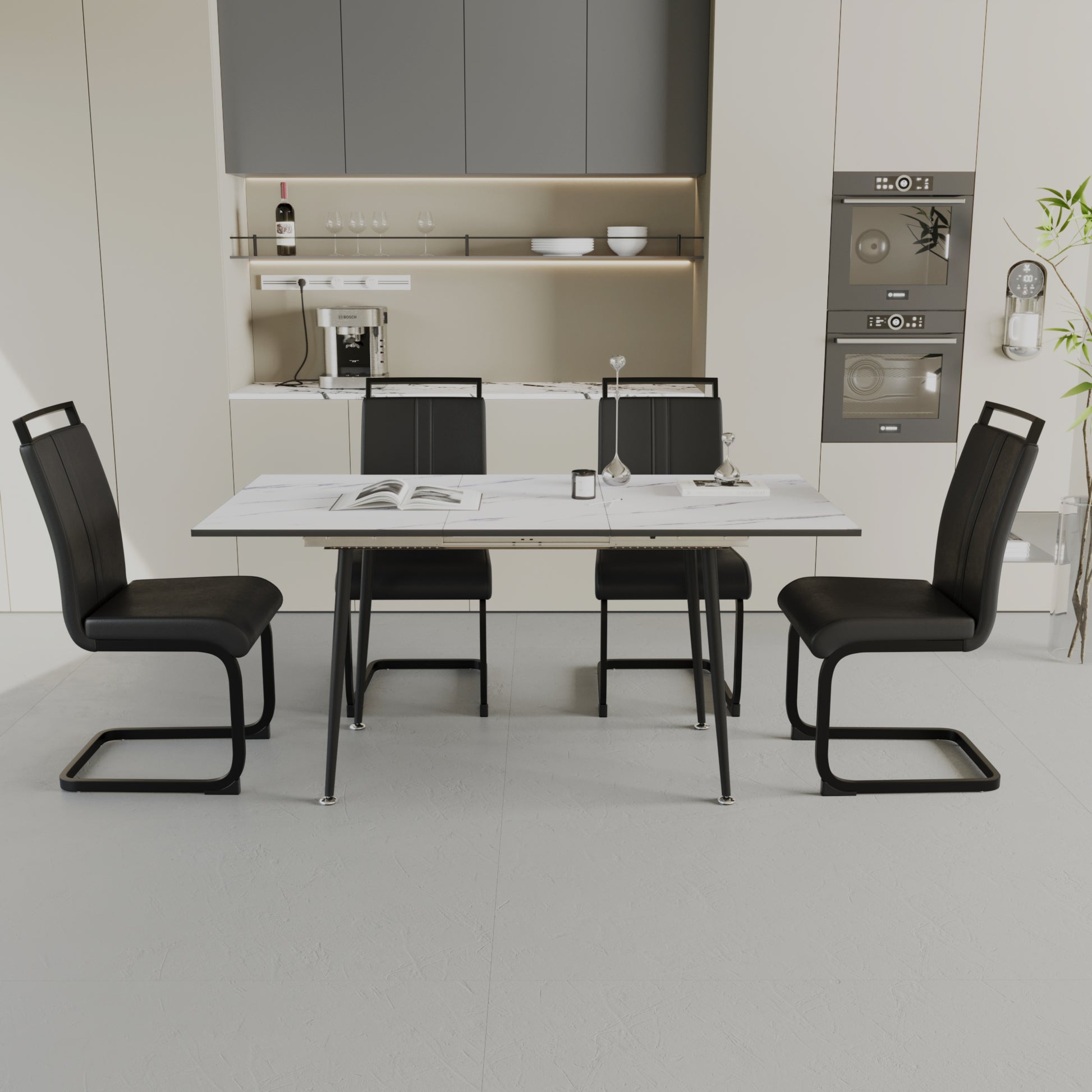 47"-63" expandable dining table set for 2-6 people, equipped with C-shaped tubular cushioned armless dining chair and an elegant and spacious dining table kitchen table and chair set, with metal legs