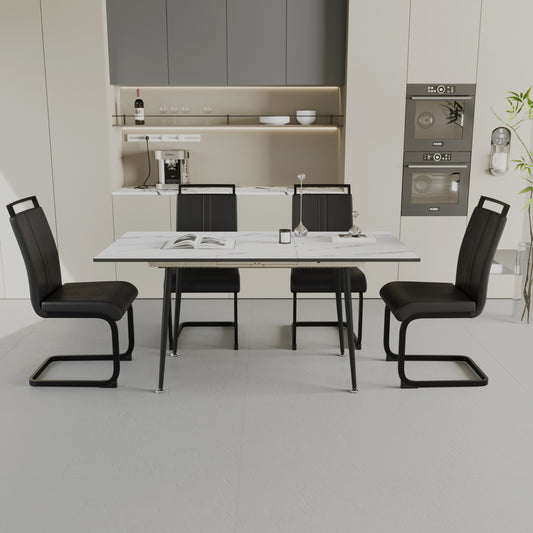 47"-63" expandable dining table set for 2-6 people, equipped with C-shaped tubular cushioned armless dining chair and an elegant and spacious dining table kitchen table and chair set, with metal legs
