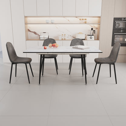 47"-63" extendable MDF modern dining table and chair set, suitable for 2-6 people, white dining table and modern grey round dining chair 4-piece set, metal base and suede chair