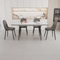 47"-63" extendable MDF modern dining table and chair set, suitable for 2-6 people, white dining table and modern grey round dining chair 4-piece set, metal base and suede chair