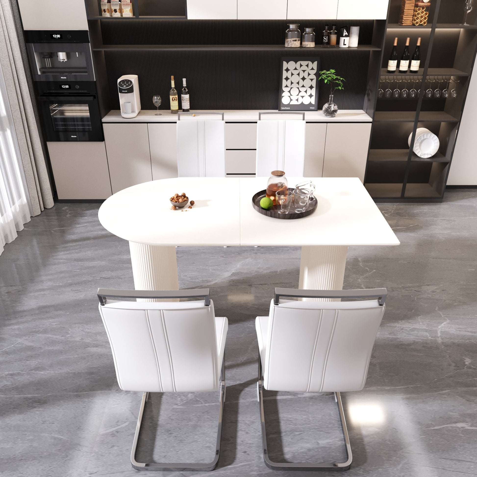 63 "medieval modern cream style MDF dining table and PU armless dining chair set 4. Assemble Desktop and Silver plated metal leg dining chair set, suitable for home&kitchen