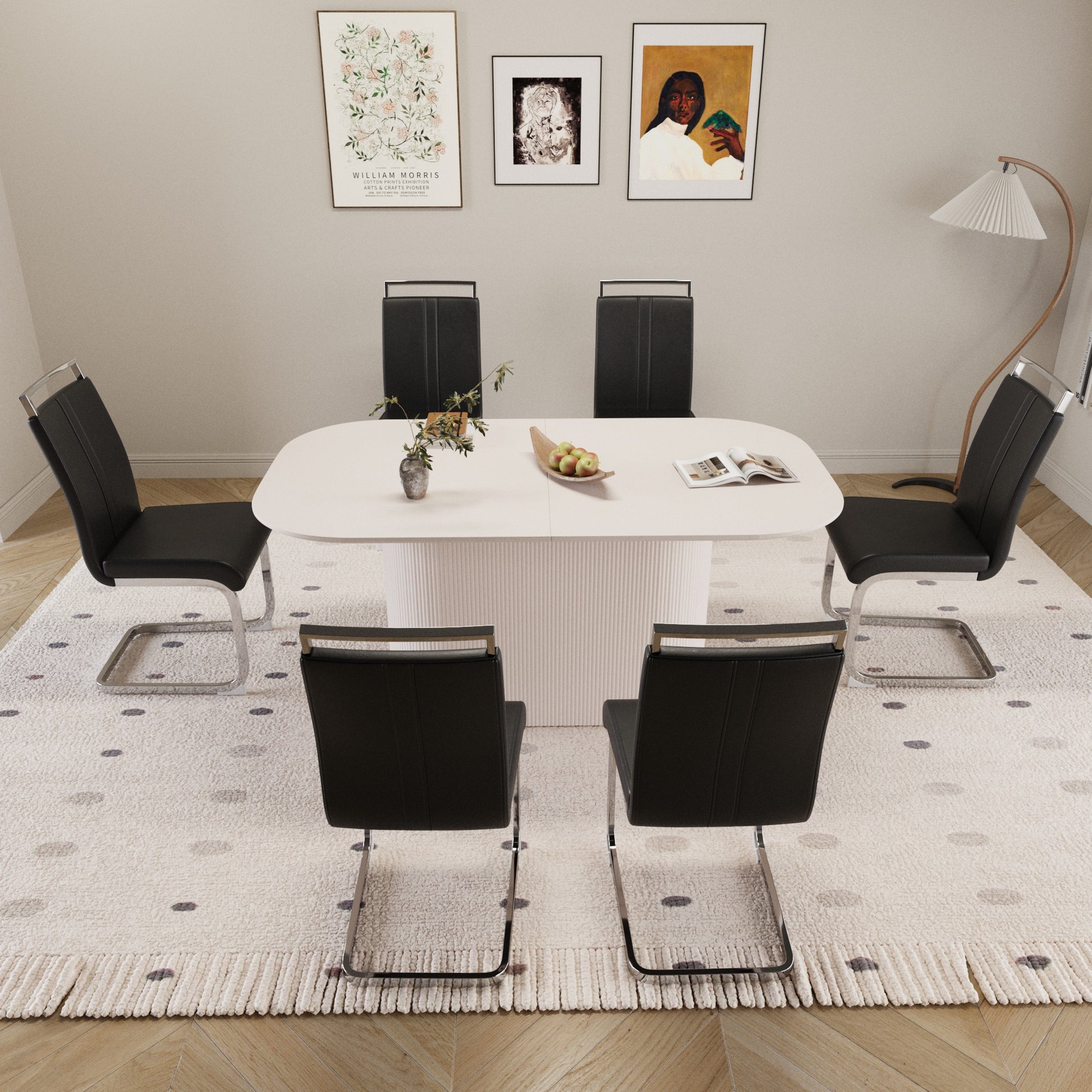 63 "medieval modern cream style MDF dining table and PU armless dining chair set 6. Assemble Desktop and Silver plated metal leg dining chair set, suitable for home&kitchen