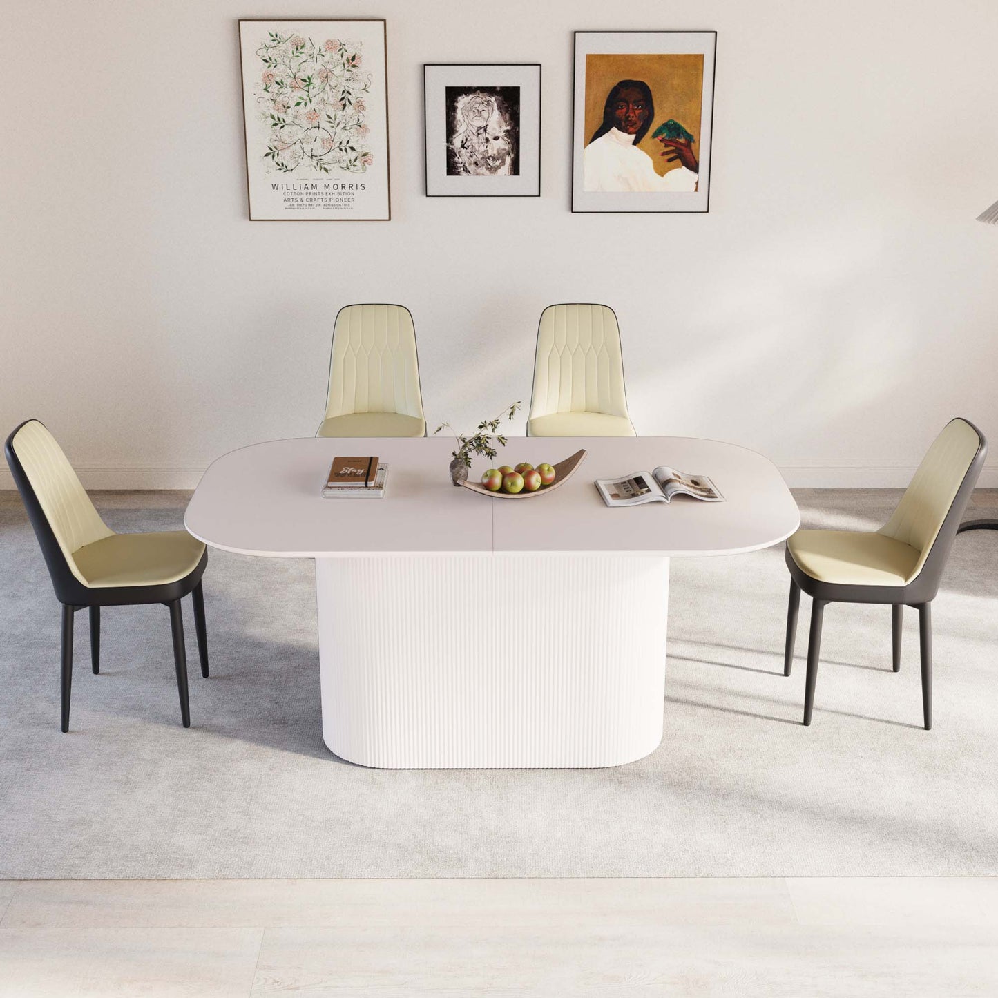 63 "medieval modern cream style MDF dining table and PU dining chair set 4. Assemble Desktop and black metal leg dining chair set, suitable for home&kitchen