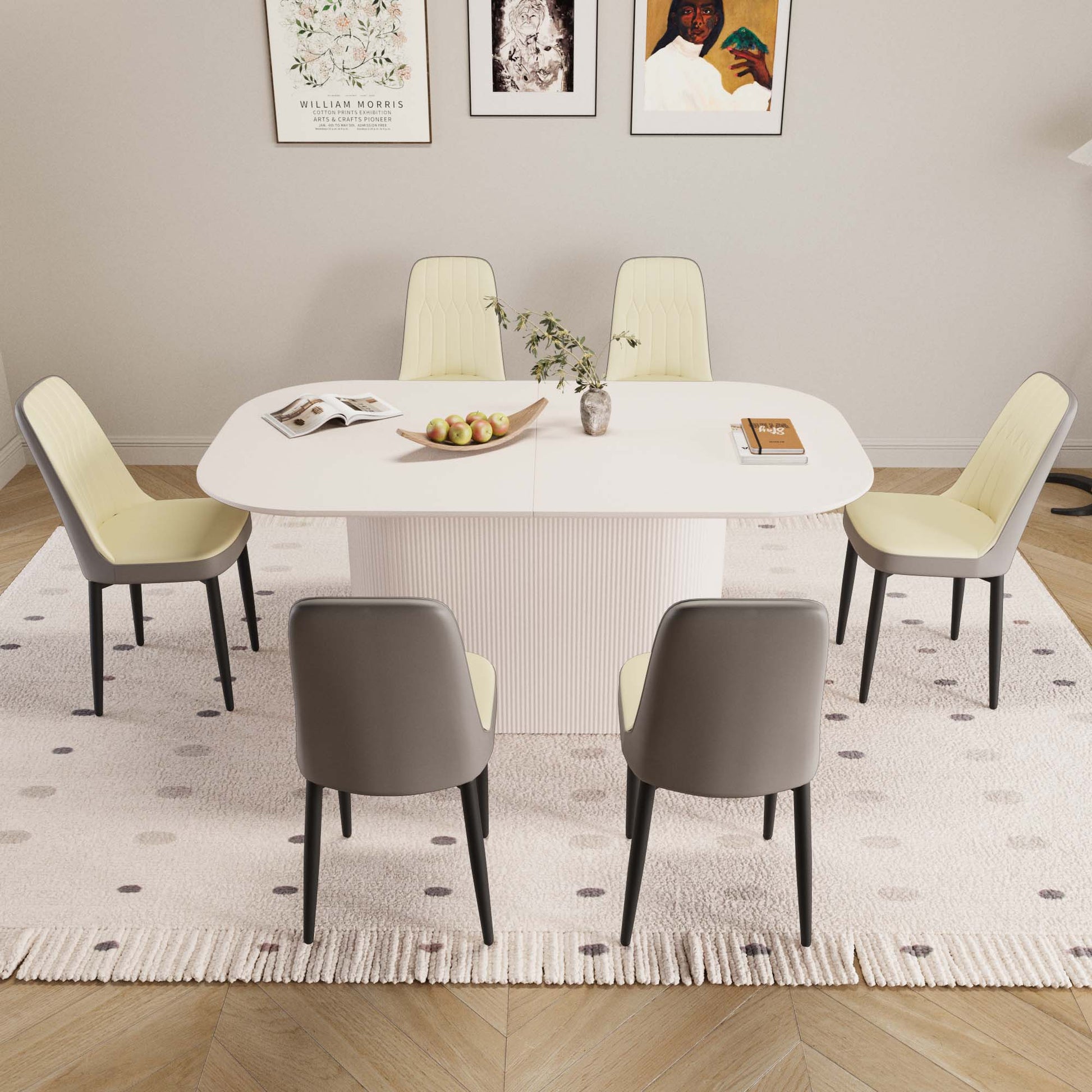 63 "medieval modern cream style MDF dining table and PU dining chair set 6. Assemble Desktop and black metal leg dining chair set, suitable for home&kitchen