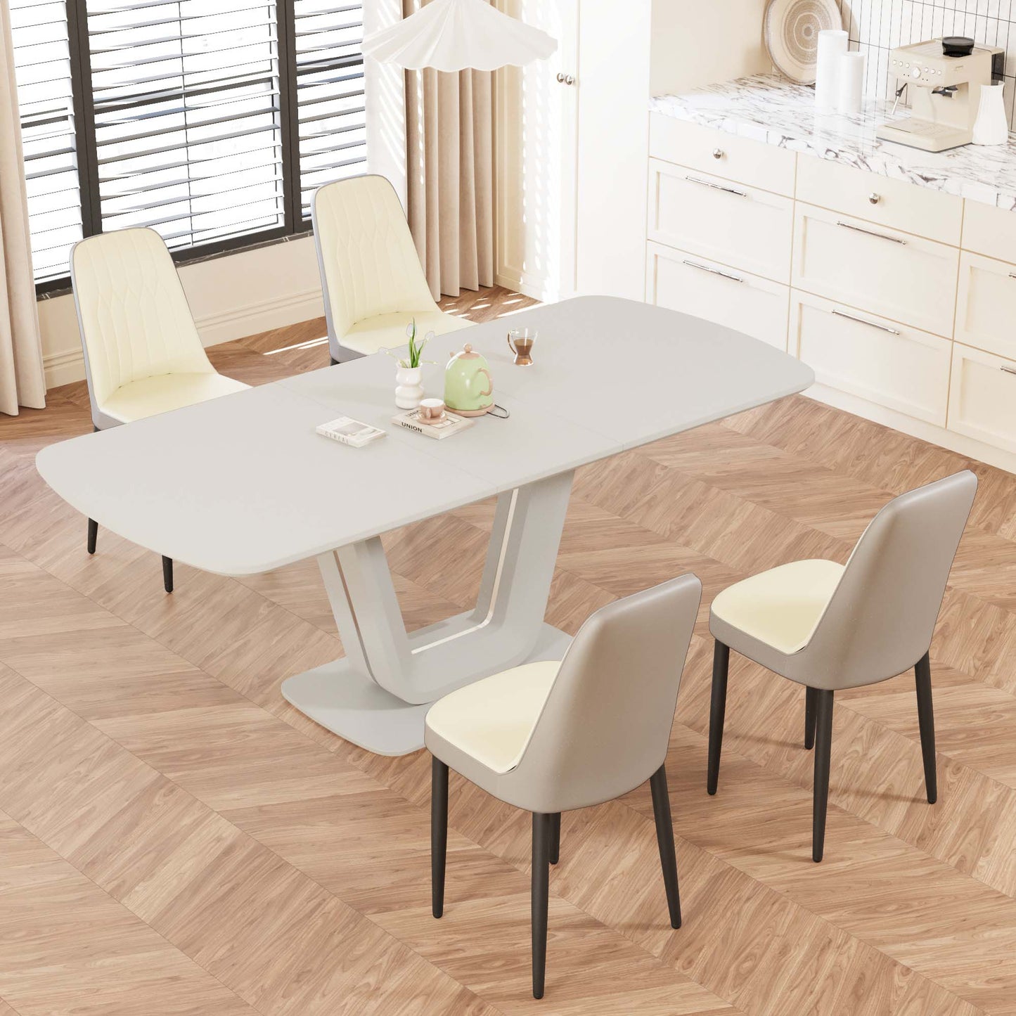 Expandable Dining Table Set - Beige Grey, Seats 2-8 People for Dining Room