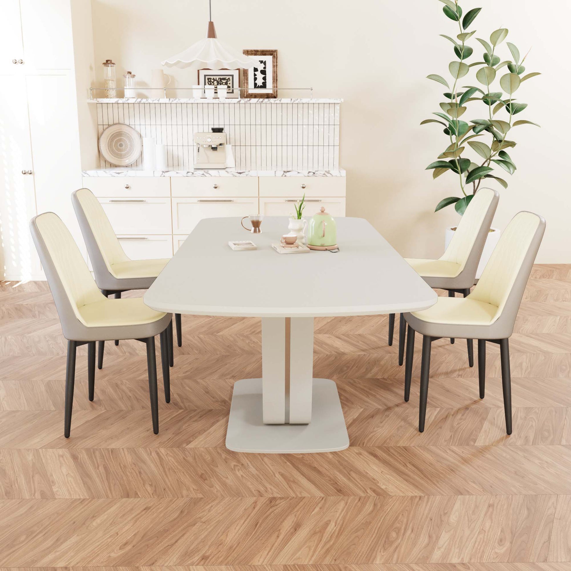 Expandable Dining Table Set - Beige Grey, Seats 2-8 People for Dining Room
