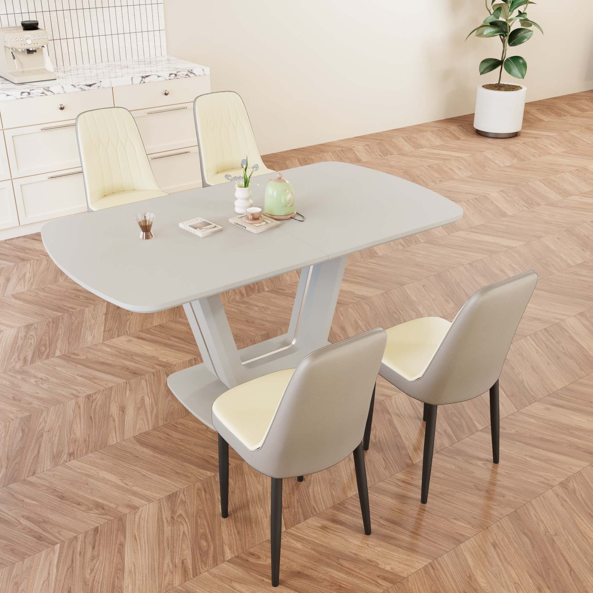 Expandable Dining Table Set - Beige Grey, Seats 2-8 People for Dining Room