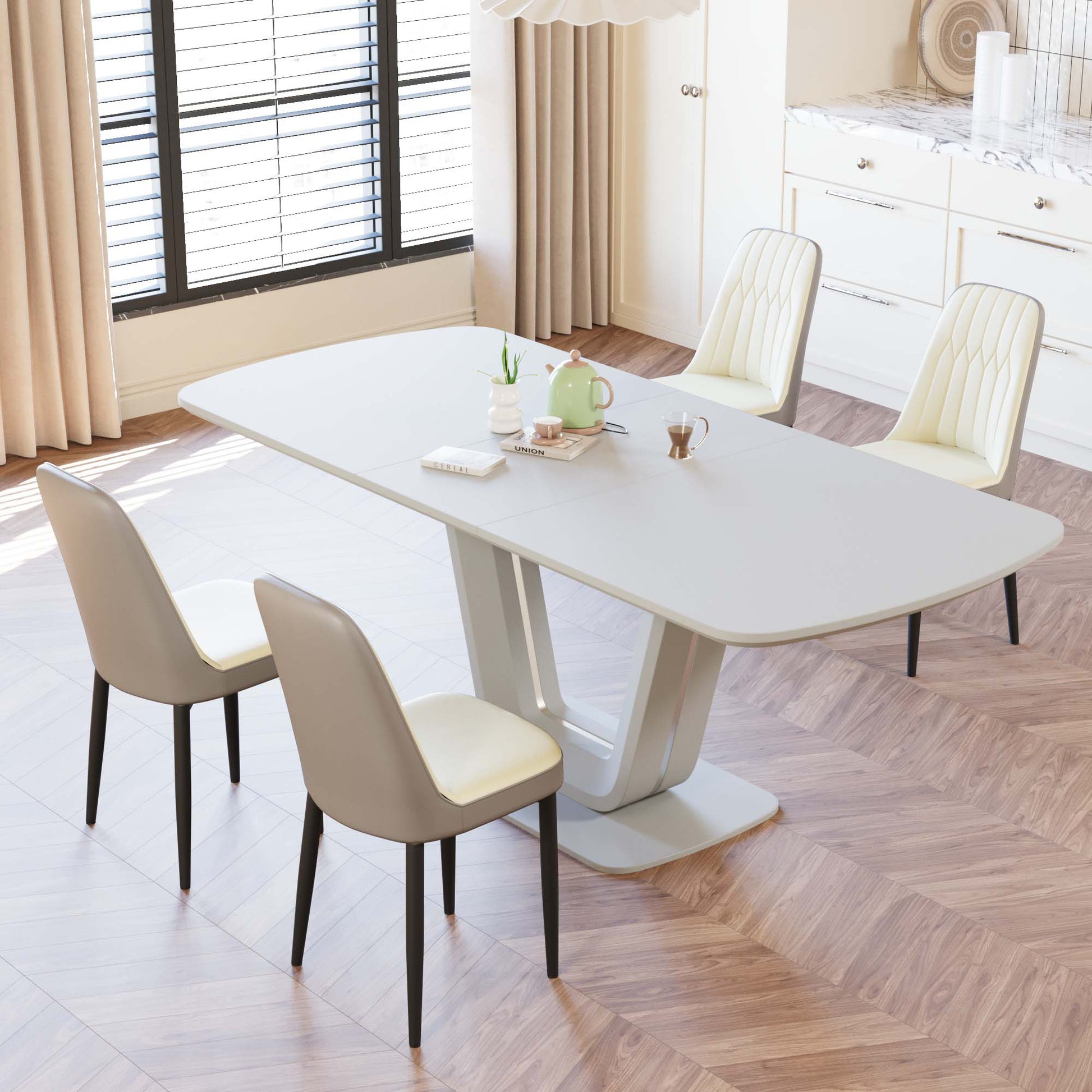 Expandable Dining Table Set - Beige Grey, Seats 2-8 People for Dining Room