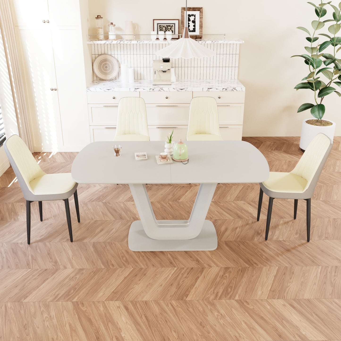 62.99-78.74" expandable dining table set for 2-8 people, equipped with 4 PU fabric thick padded dining chairs and an spacious dining table, kitchen table and chairs, with U-shaped table legs