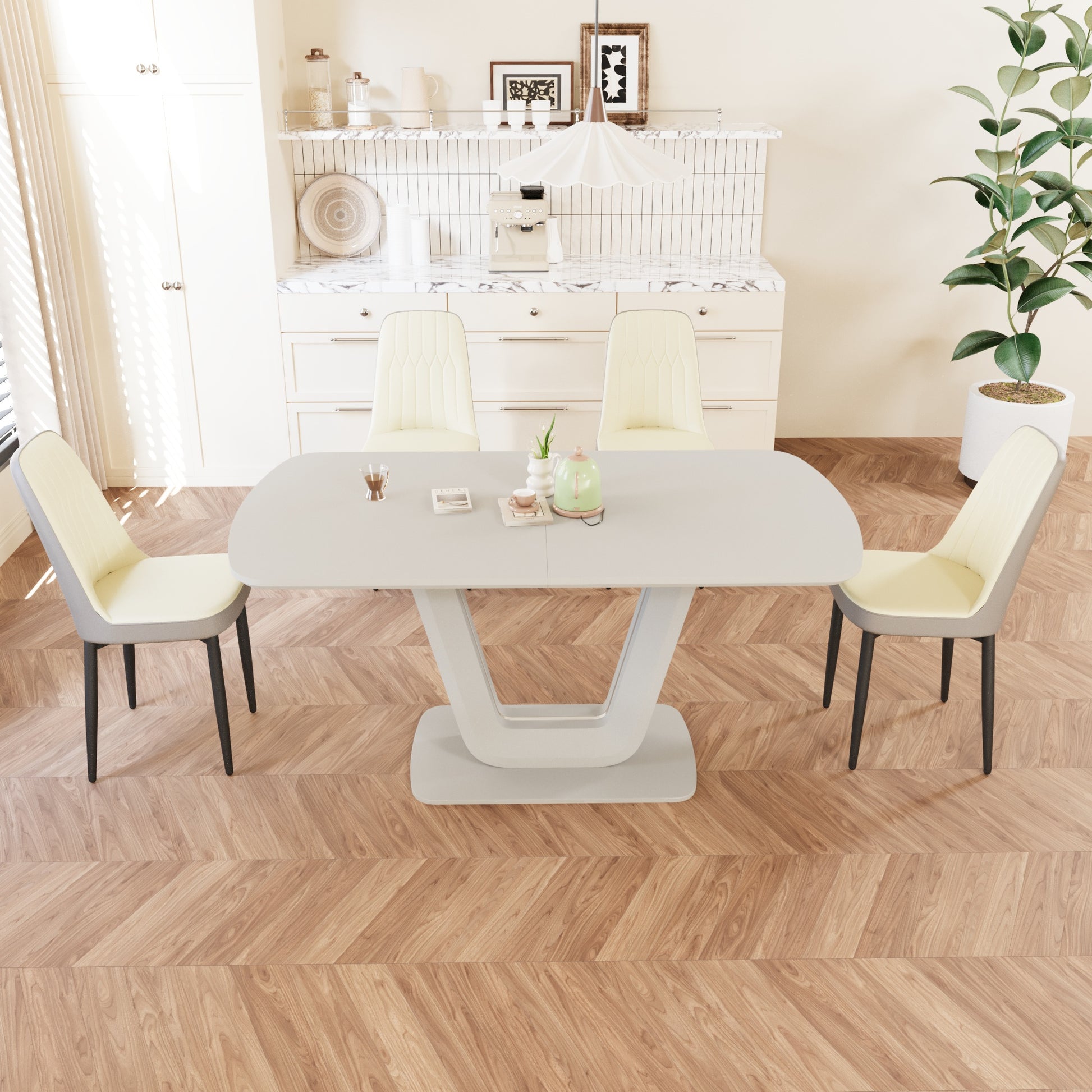 62.99-78.74" expandable dining table set for 2-8 people, equipped with 4 PU fabric thick padded dining chairs and an spacious dining table, kitchen table and chairs, with U-shaped table legs