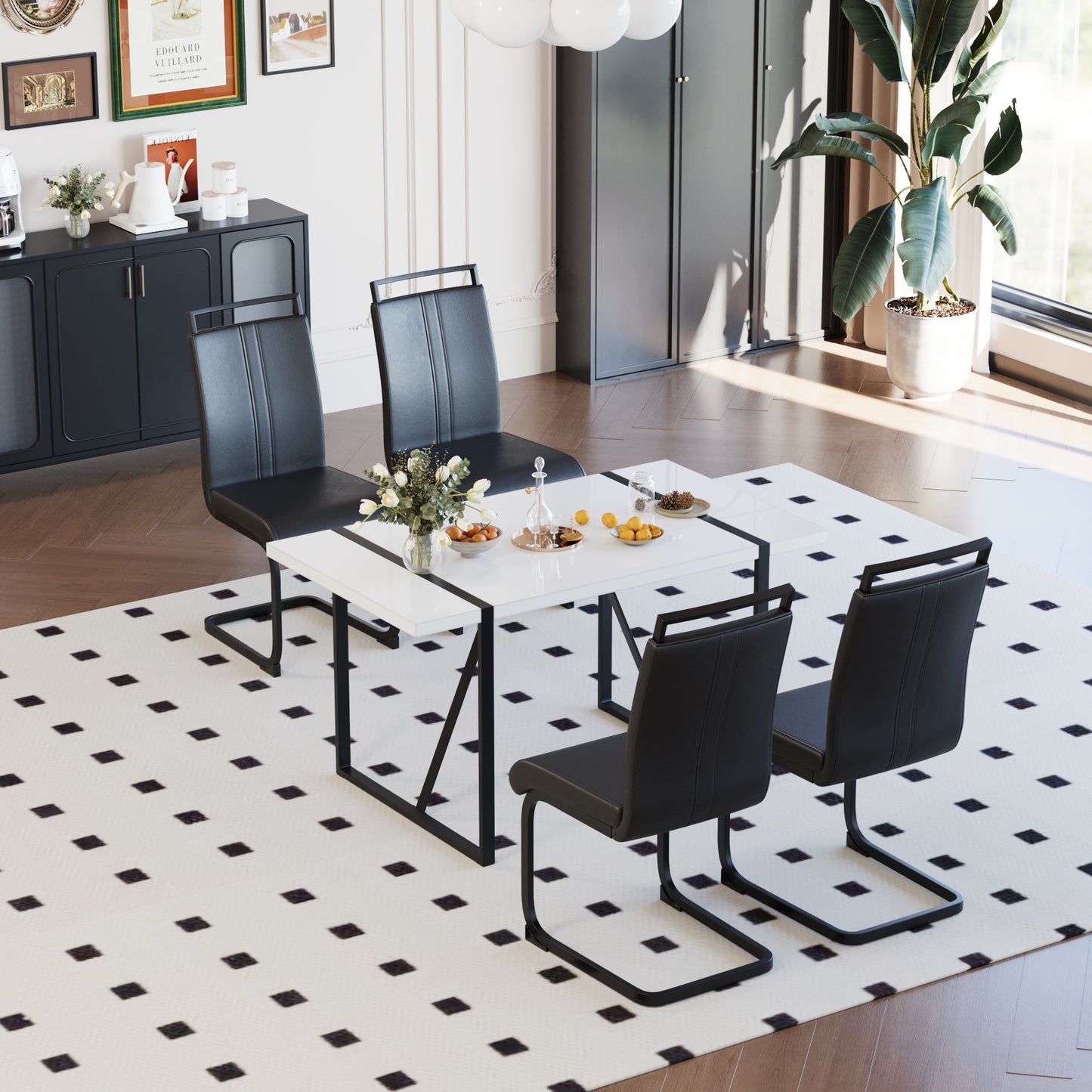 Black White Dining Table Set - 6 Person Table with 4 Chairs