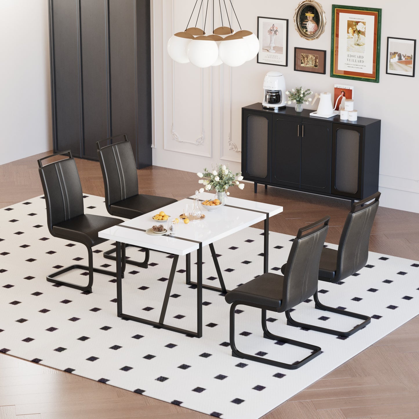 Black White Dining Table Set - 6 Person Table with 4 Chairs