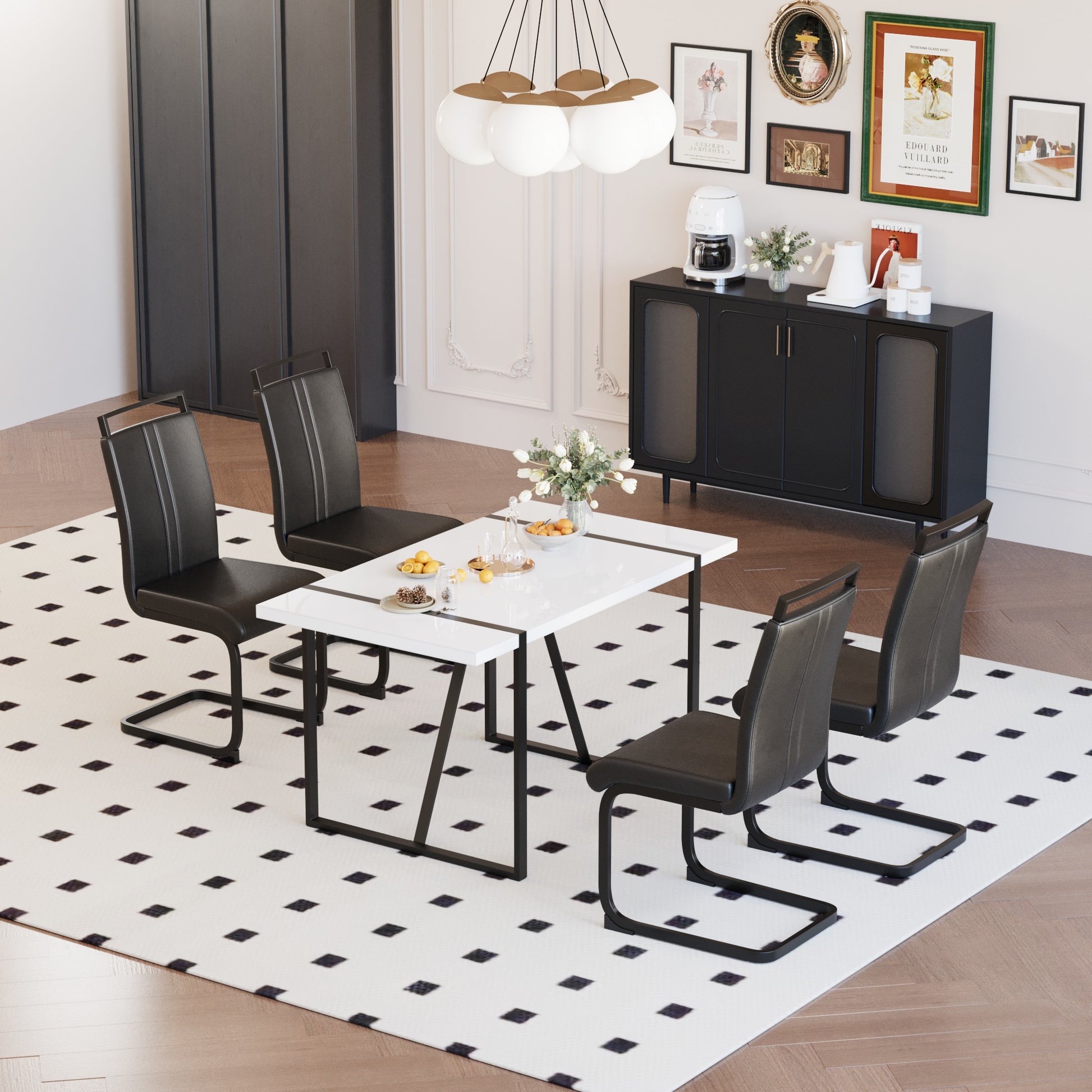 Black White Dining Table Set - 6 Person Table with 4 Chairs