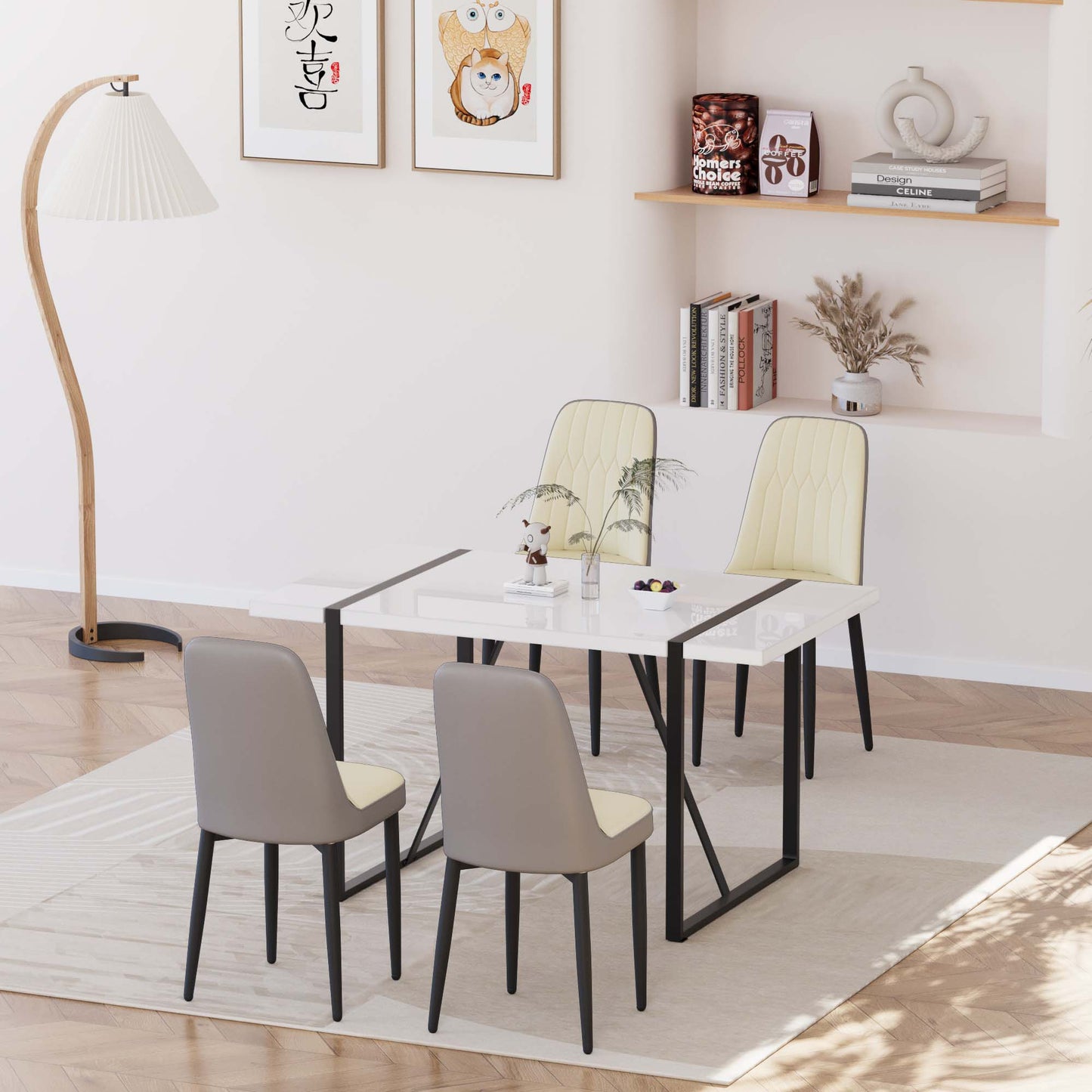 4-Person Modern Dining Table Set - Beige & Grey MDF