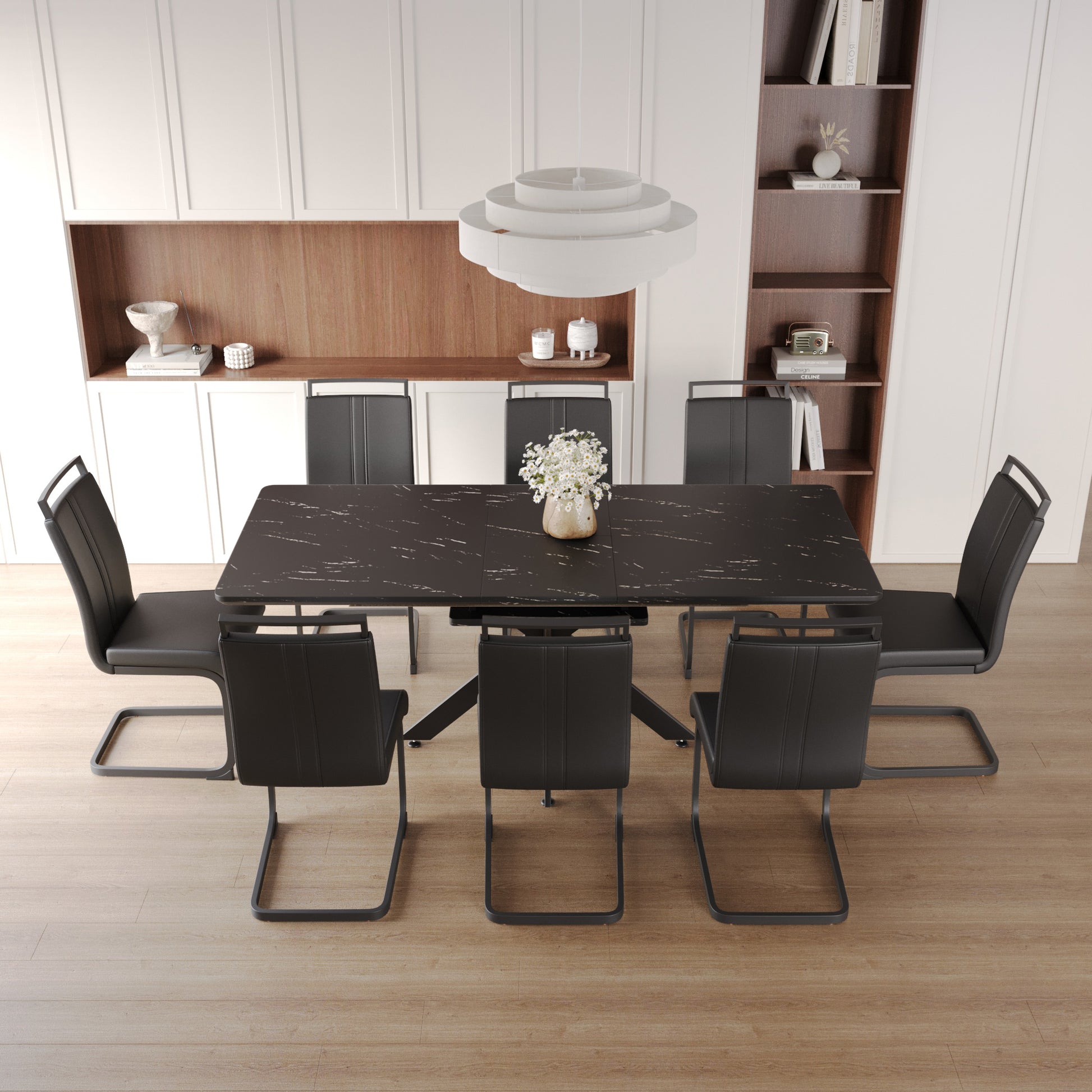 Black Extendable Dining Table Set for 6-8 People in Dining Room