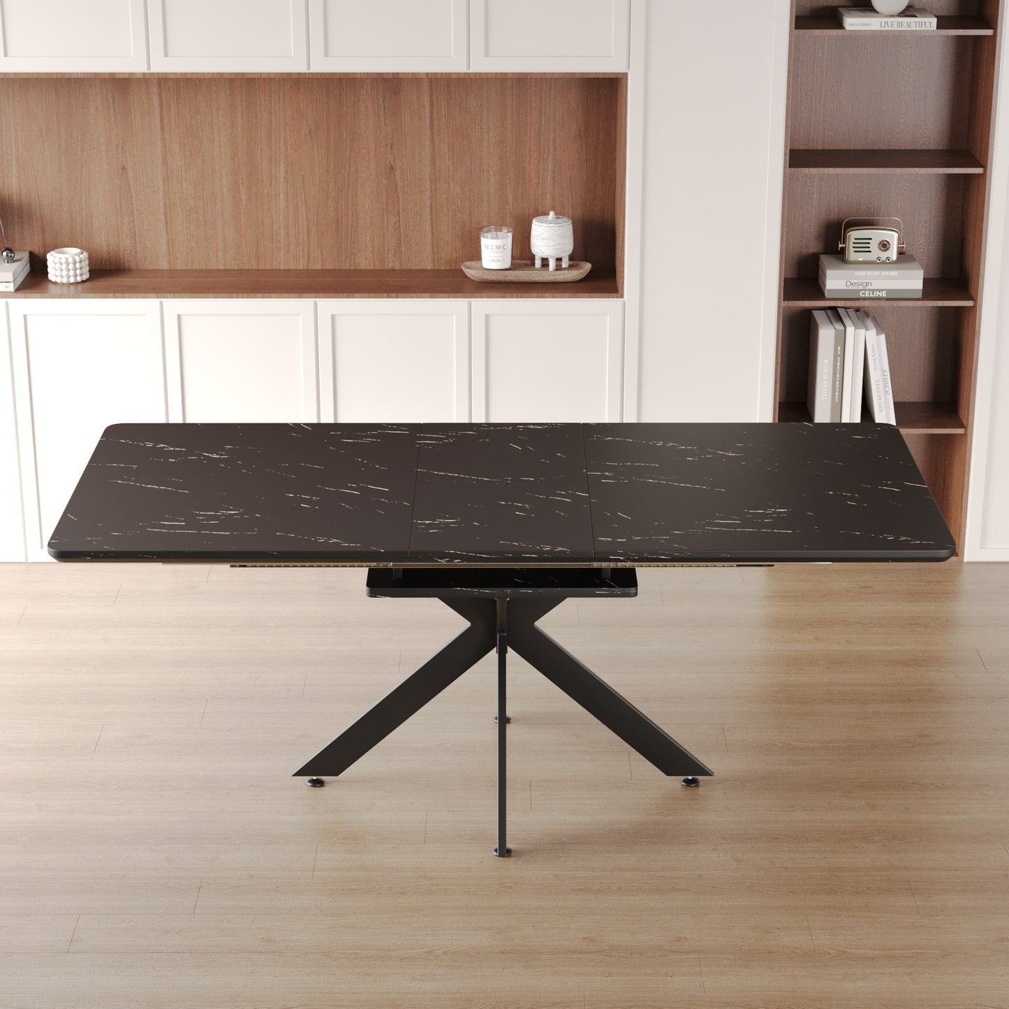 Black Extendable Dining Table Set for 6-8 People in Dining Room