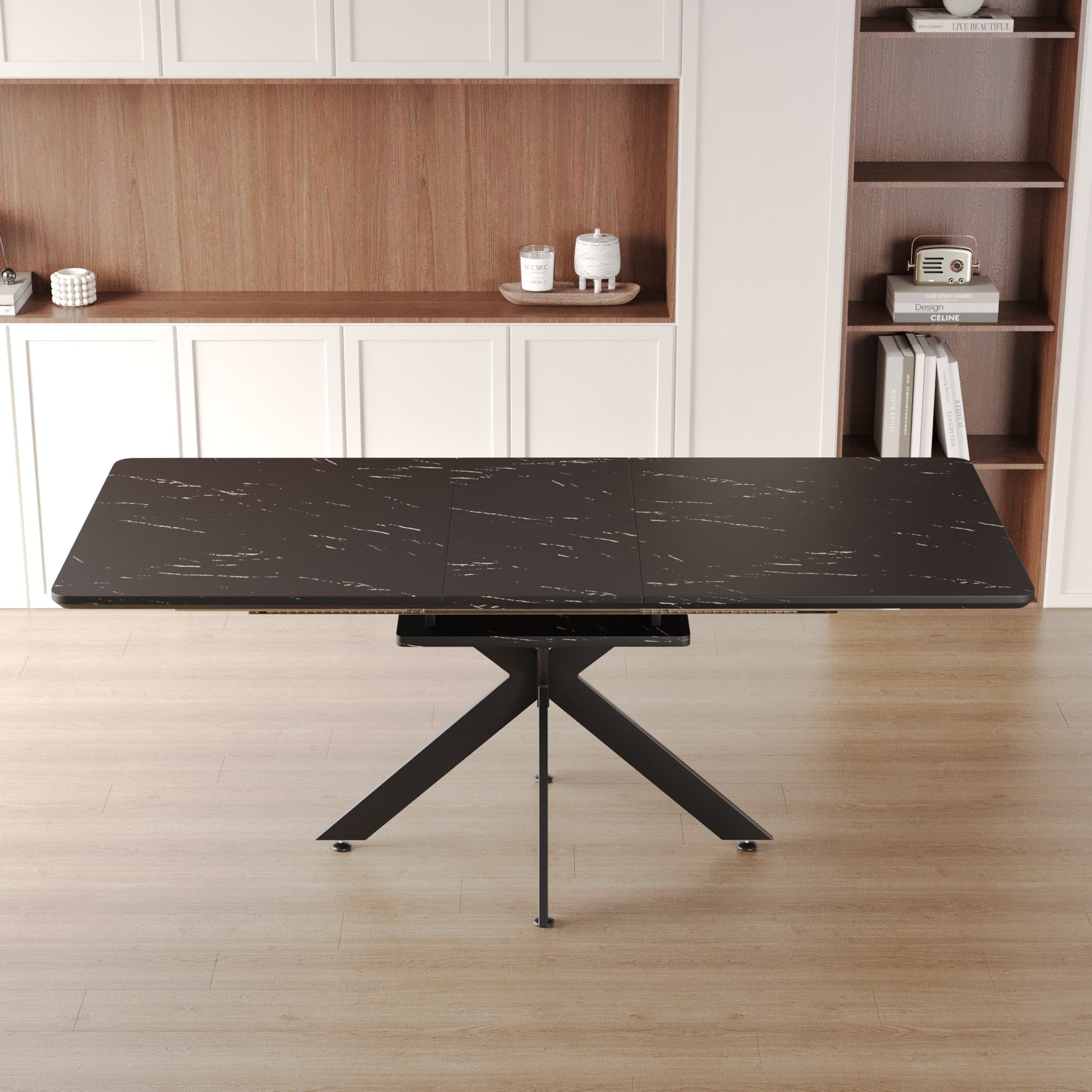 Black Extendable Dining Table Set for 6-8 People in Dining Room