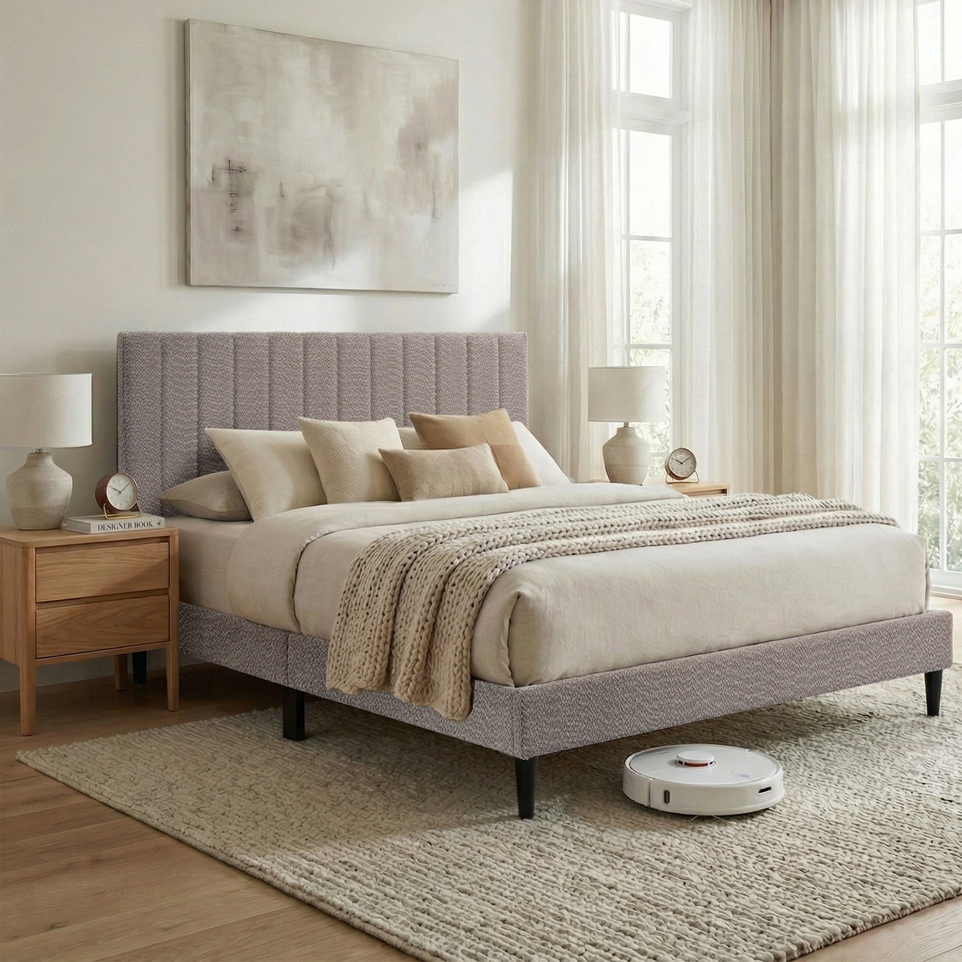 Gray Upholstered Queen Platform Bed Frame, Tufted Channel Headboard, Mid-Century Bedroom Furniture, No Box Spring Required, Bed Frame Wood Slats, Modern Soft Boucle, 64.25" x 84.5" x 45"