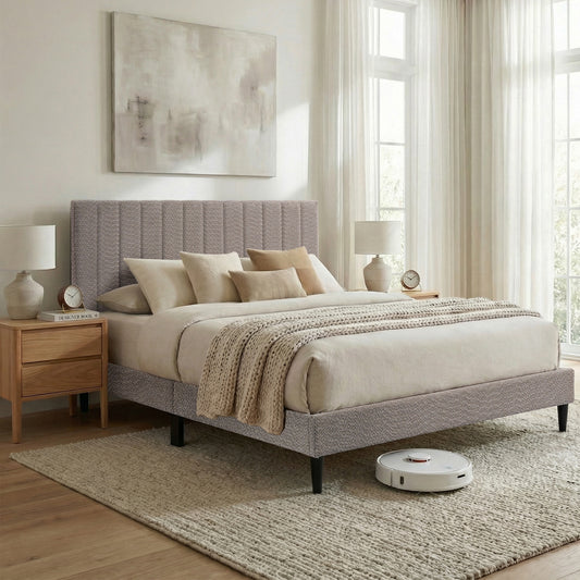 Gray Upholstered Queen Platform Bed Frame, Tufted Channel Headboard, Mid-Century Bedroom Furniture, No Box Spring Required, Bed Frame Wood Slats, Modern Soft Boucle, 64.25" x 84.5" x 45"