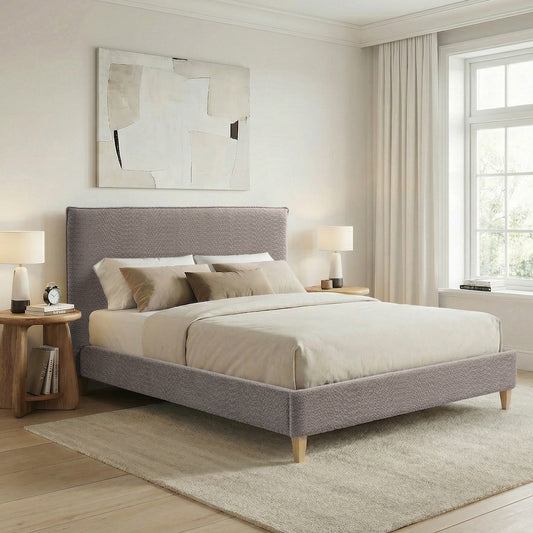 Upholstered Bed Frame with Modern Boucle Headboard, Queen Size, Minimalist, Platform Bed, No Box Spring Required, Bed Frame Wood Slats, 70.5" x 87.25" x 46.5"