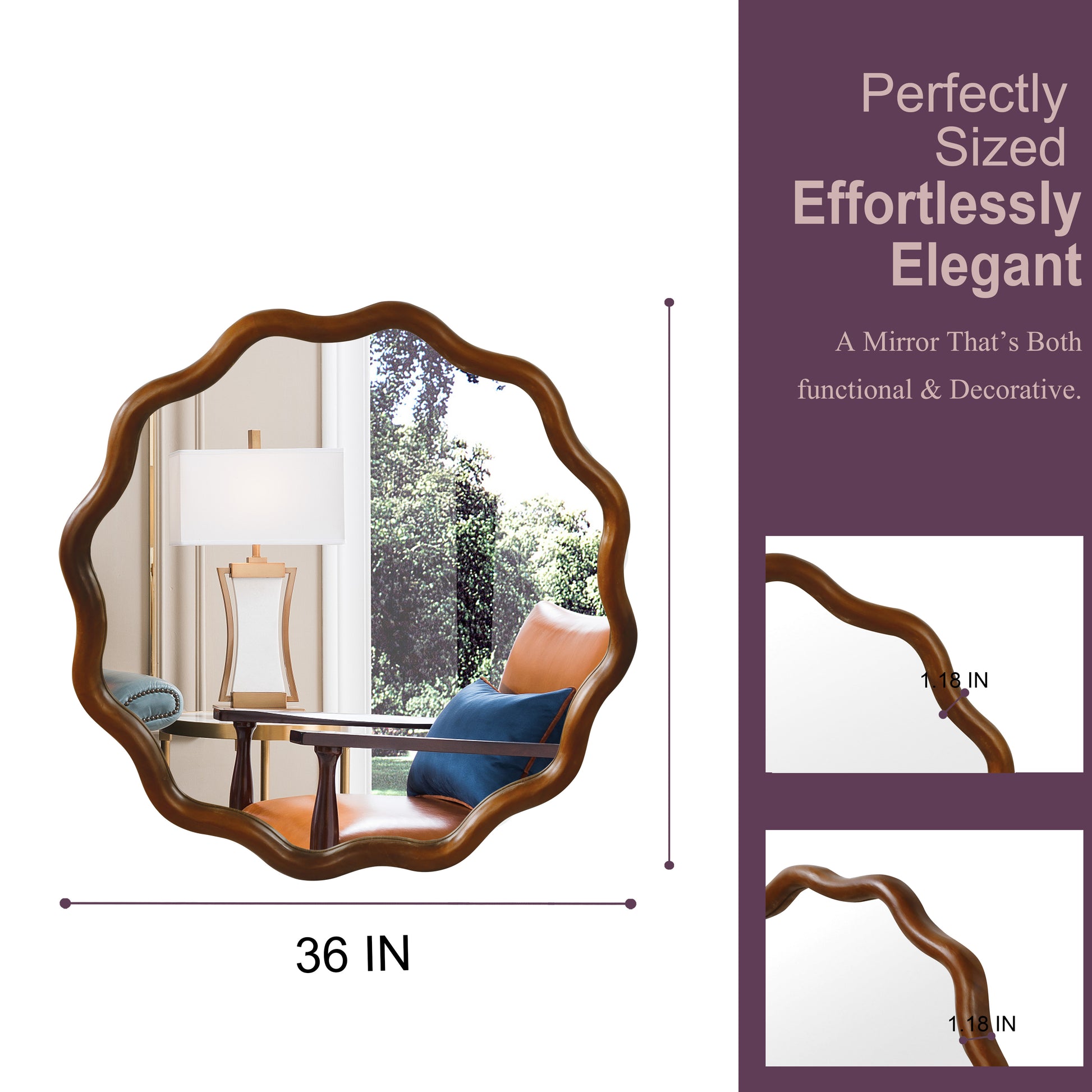 36 Inch Black Walnut Wood Mirror - French Style Wall Decor