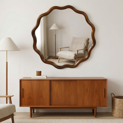 Black Walnut Color 36 inch Wavy Round Solid Wood Frame Decorative Mirror,For Bedroom, Bathroom, Living Room, Entryway