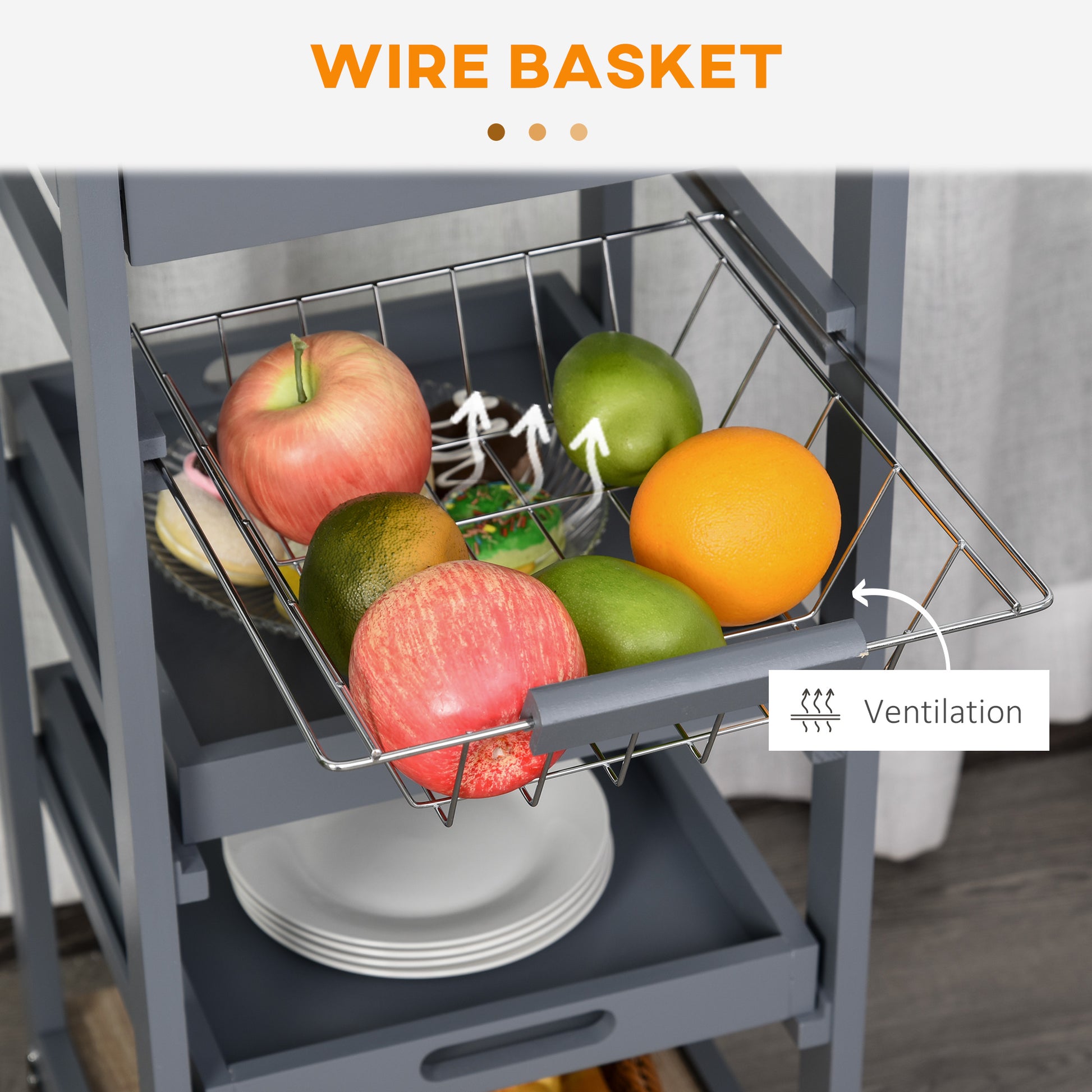 Grey Rolling Kitchen Island Cart - Storage Trolley