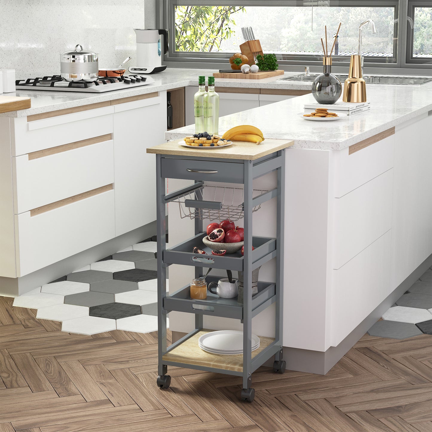 Grey Rolling Kitchen Island Cart - Storage Trolley