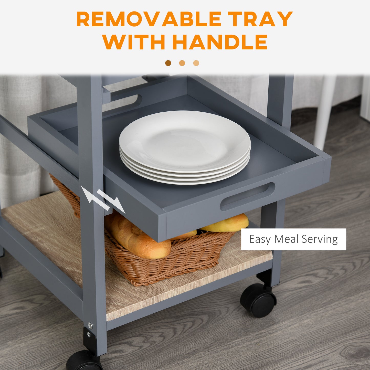 Grey Rolling Kitchen Island Cart - Storage Trolley