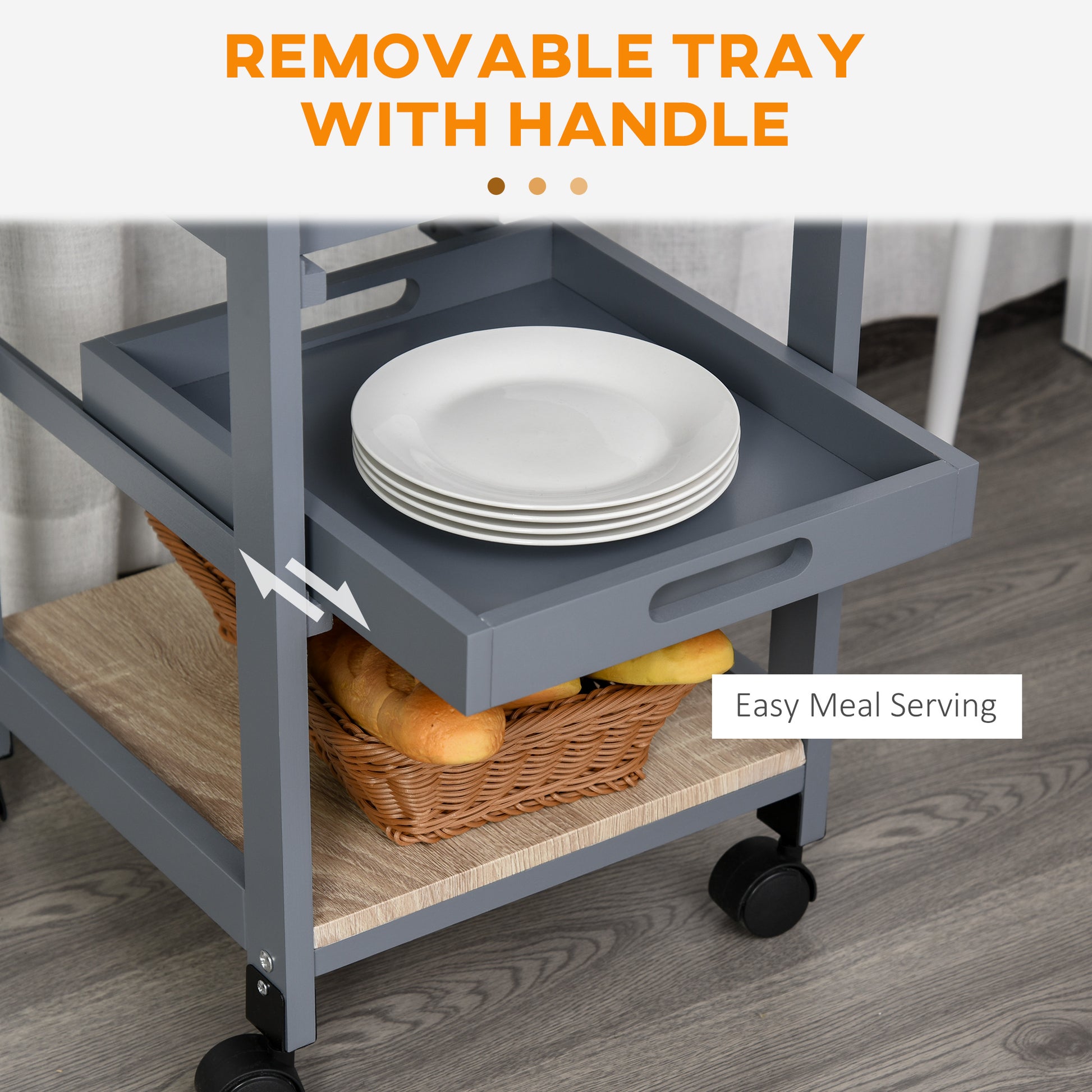 Grey Rolling Kitchen Island Cart - Storage Trolley