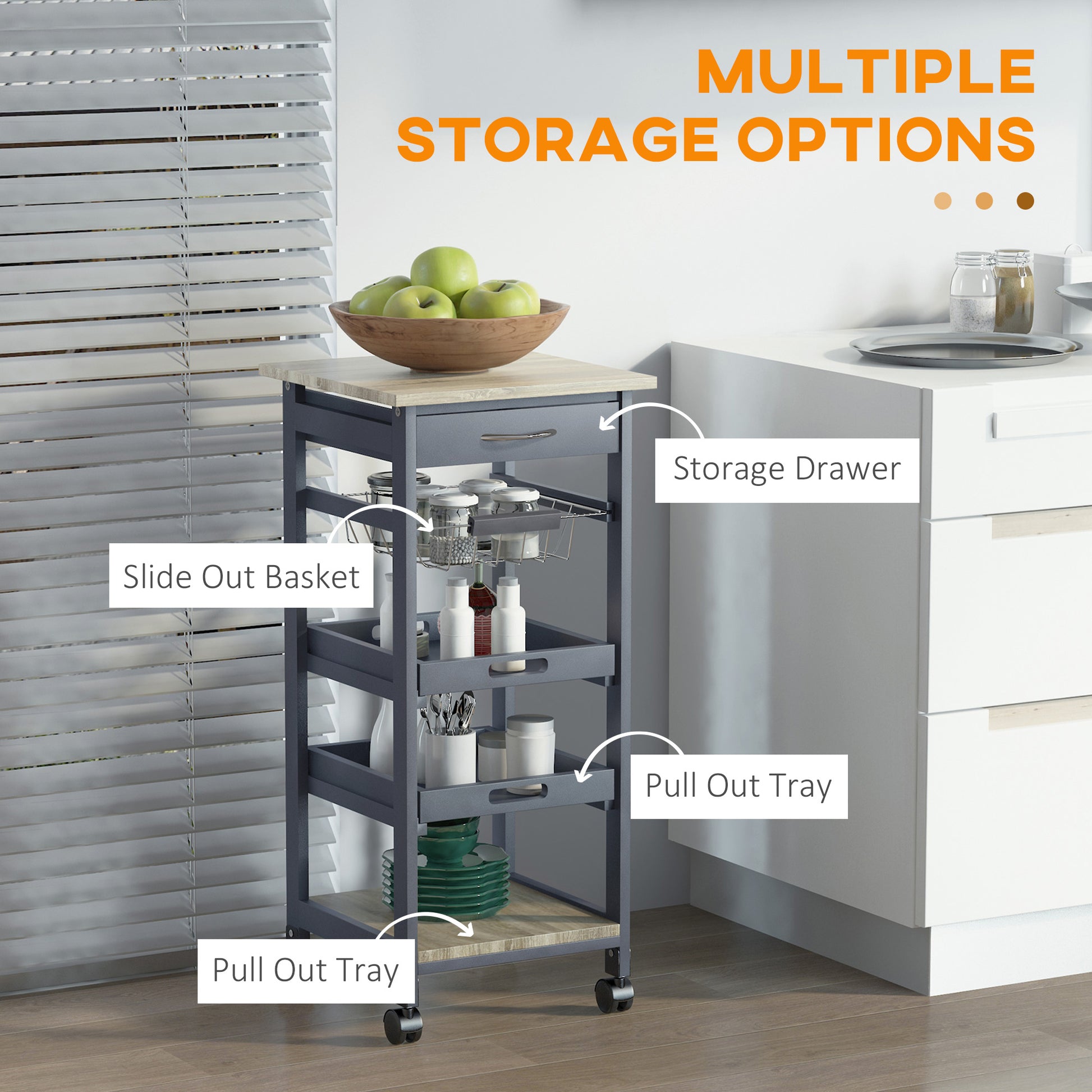 Grey Rolling Kitchen Island Cart - Storage Trolley