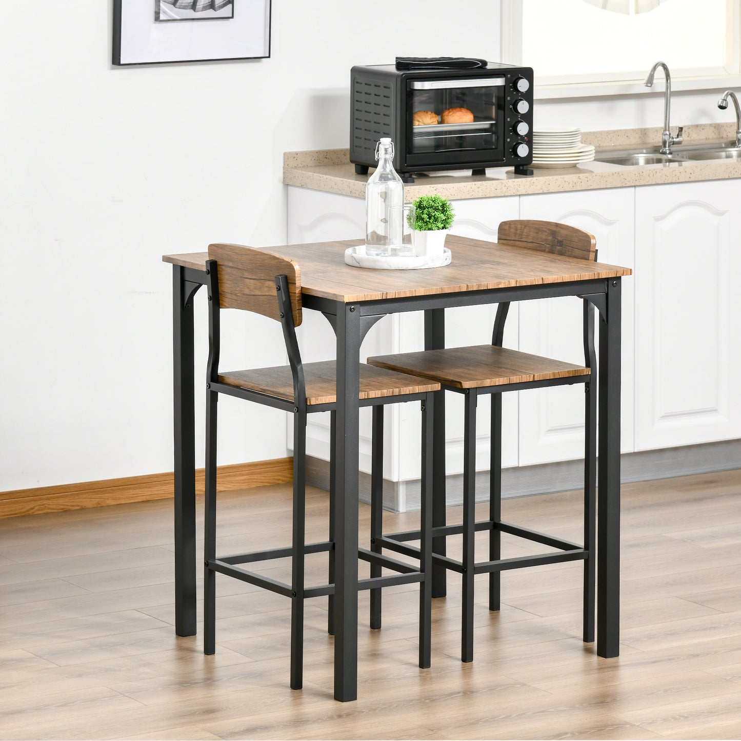 Rustic Brown 3-Piece Bar Table Set - Steel & Footrests for Dining Room