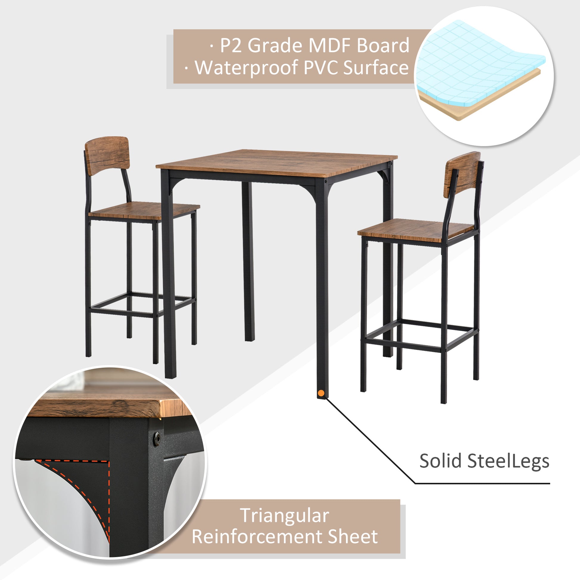 Rustic Brown 3-Piece Bar Table Set - Steel & Footrests for Dining Room
