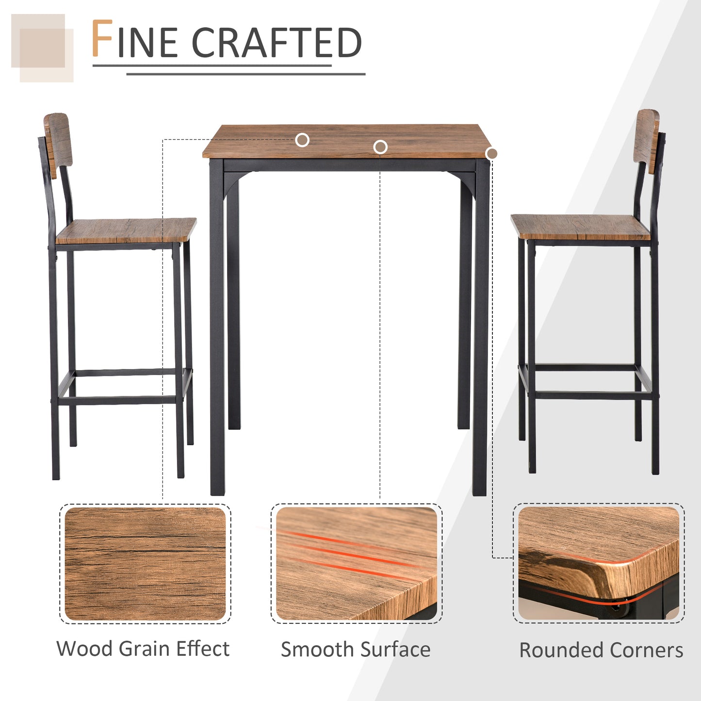 Rustic Brown 3-Piece Bar Table Set - Steel & Footrests for Dining Room