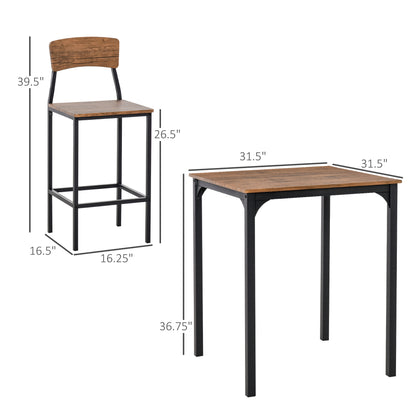 Rustic Brown 3-Piece Bar Table Set - Steel & Footrests for Dining Room