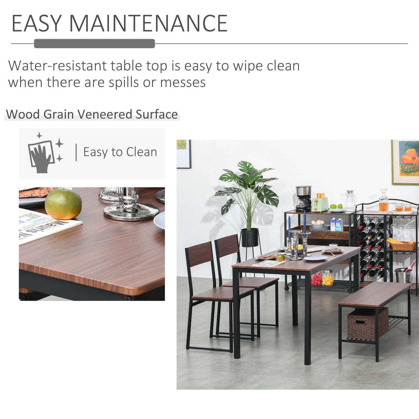 Rustic Brown 4 Piece Dining Table Set with Bench