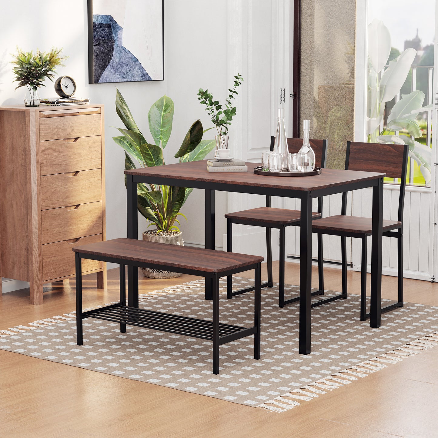 Rustic Brown 4 Piece Dining Table Set with Bench