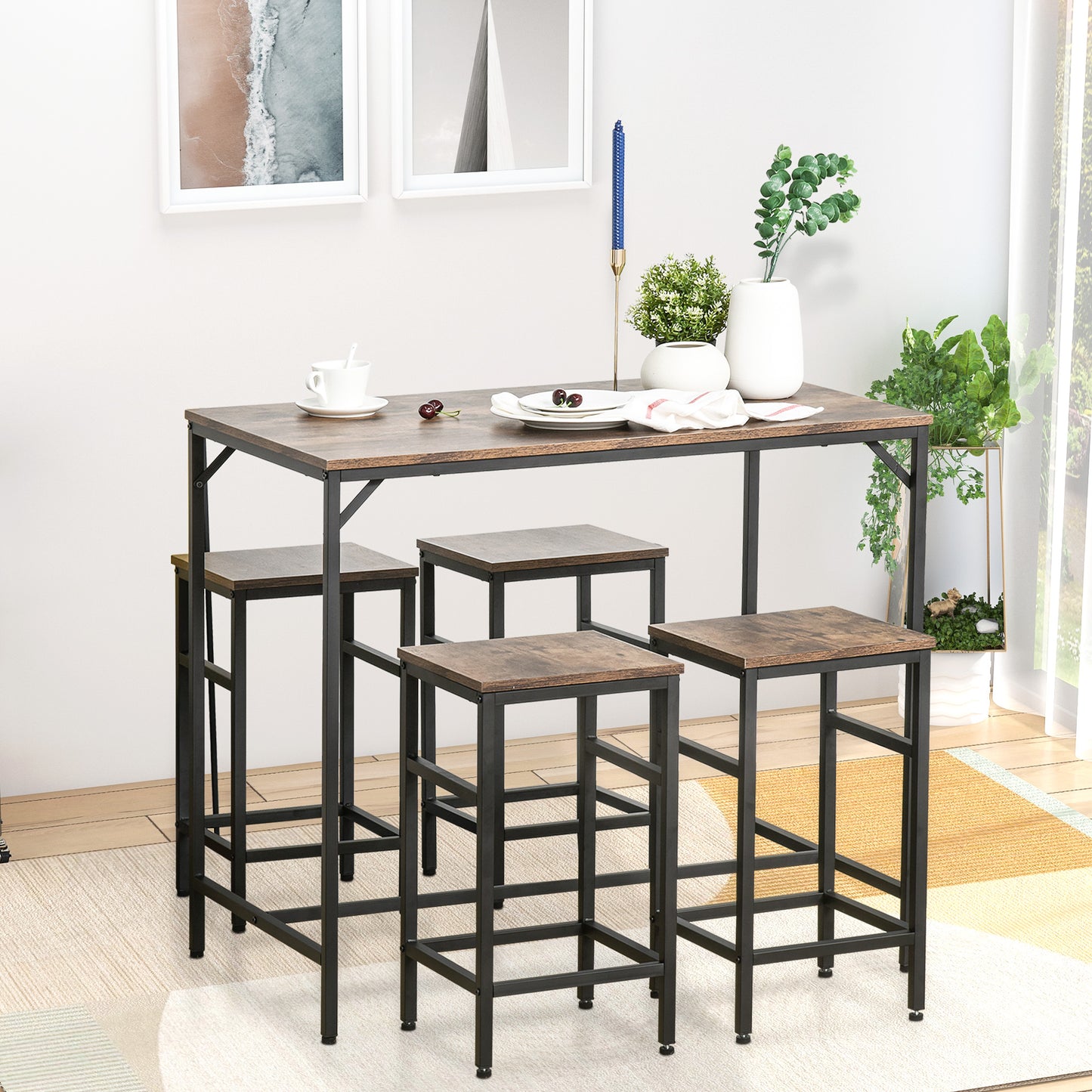 Rustic Brown Bar Table Set - 5 Piece Dining Table with 4 Stools for Dining Room