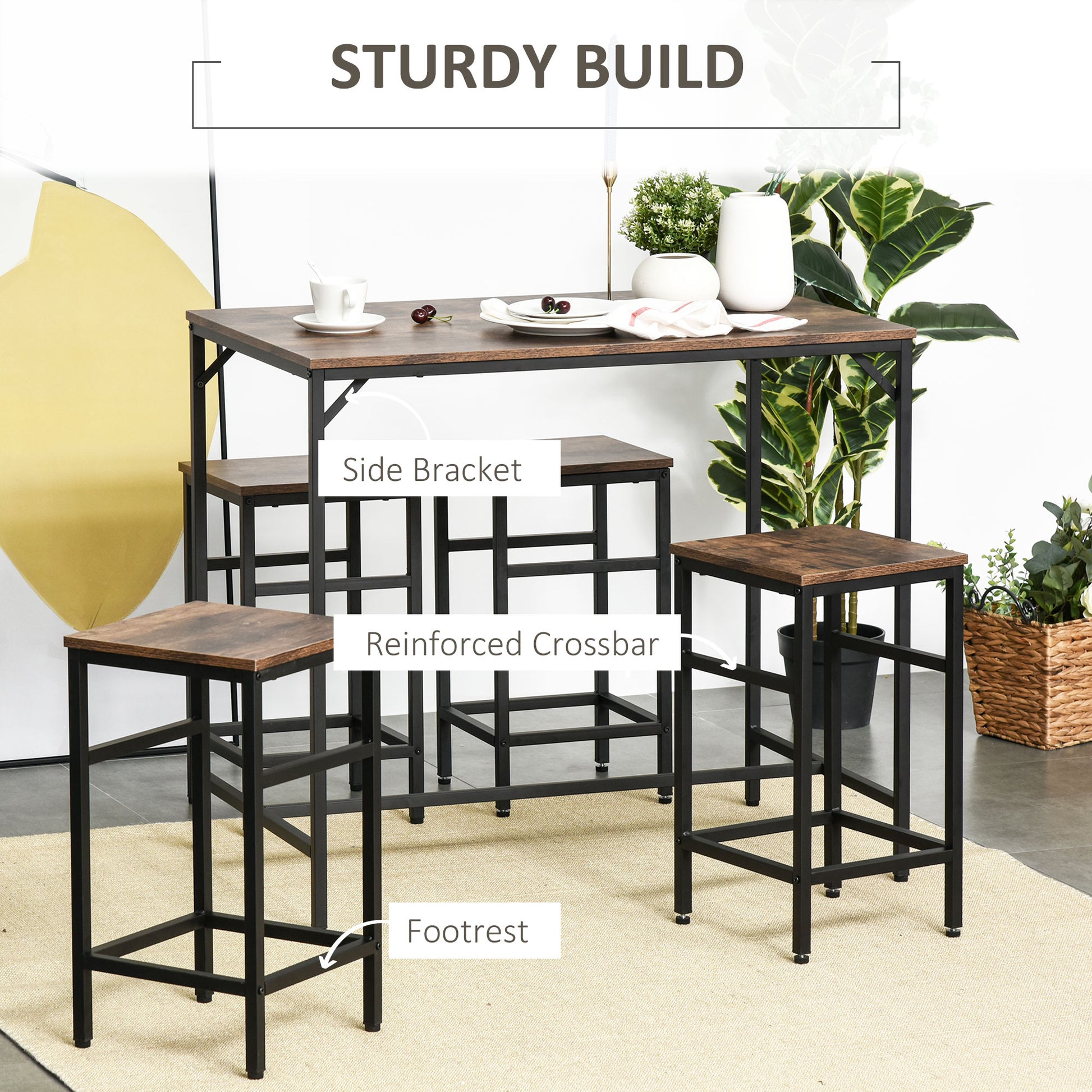 Rustic Brown Bar Table Set - 5 Piece Dining Table with 4 Stools for Dining Room