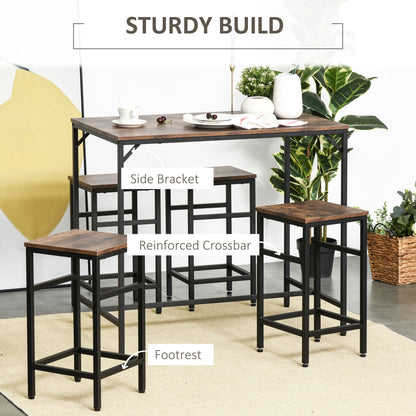 Rustic Brown Bar Table Set - 5 Piece Dining Table with 4 Stools for Dining Room