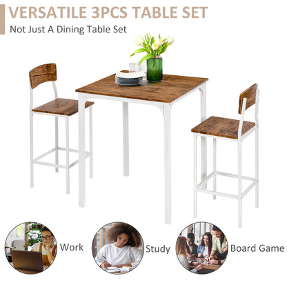 White Steel Bar Table Set - 3 Piece Dining Table with Stools for Dining Room